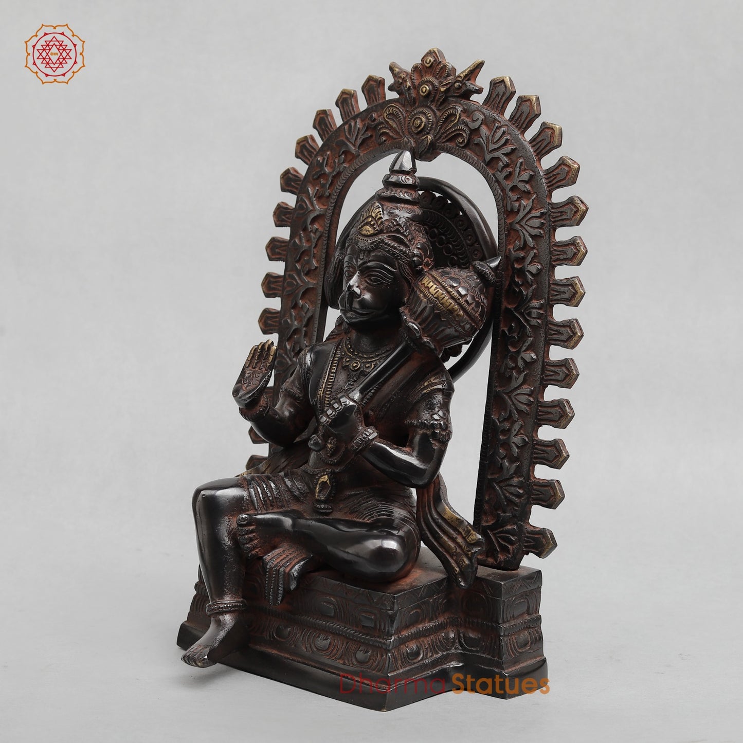 Brass Hanuman Seated with Frame Fine, Royal Black With Red Hues finish 11”