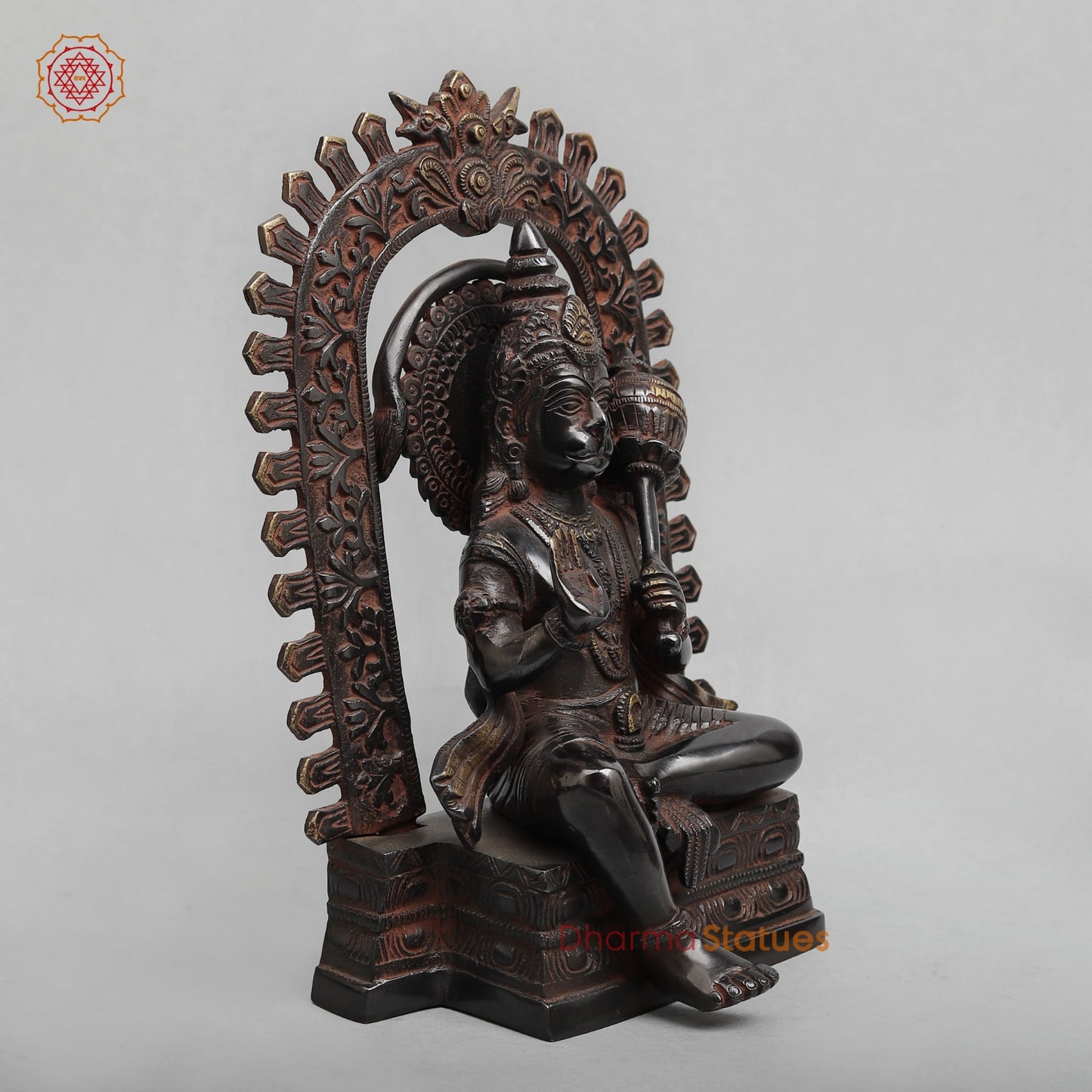 Brass Hanuman Seated with Frame Fine, Royal Black With Red Hues finish 11”