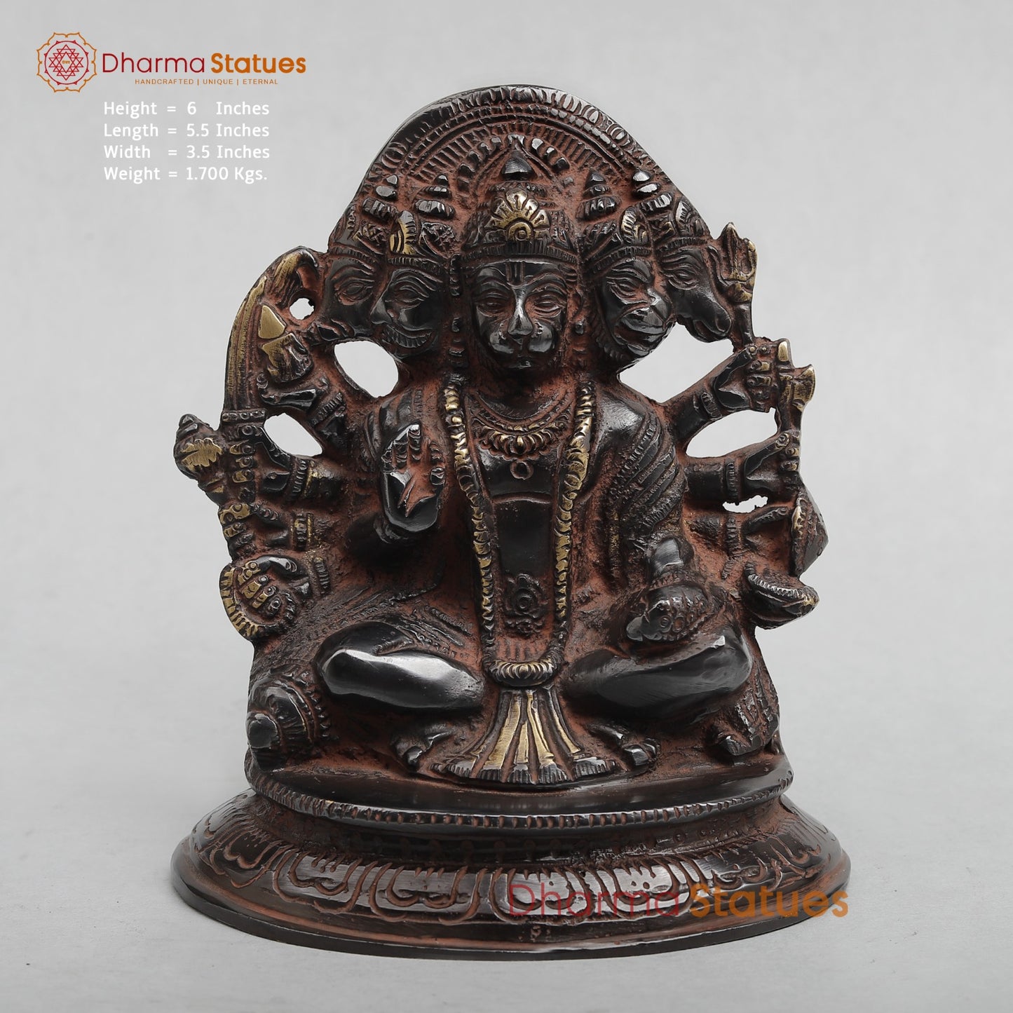 Brass Panchmukhi Hanuman Seated with Frame Fine, Royal Black With Red Hues finish 6”