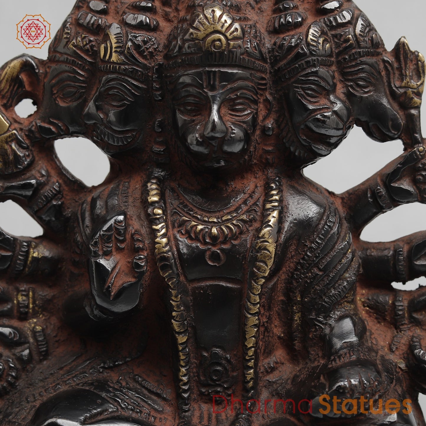 Brass Panchmukhi Hanuman Seated with Frame Fine, Royal Black With Red Hues finish 6”