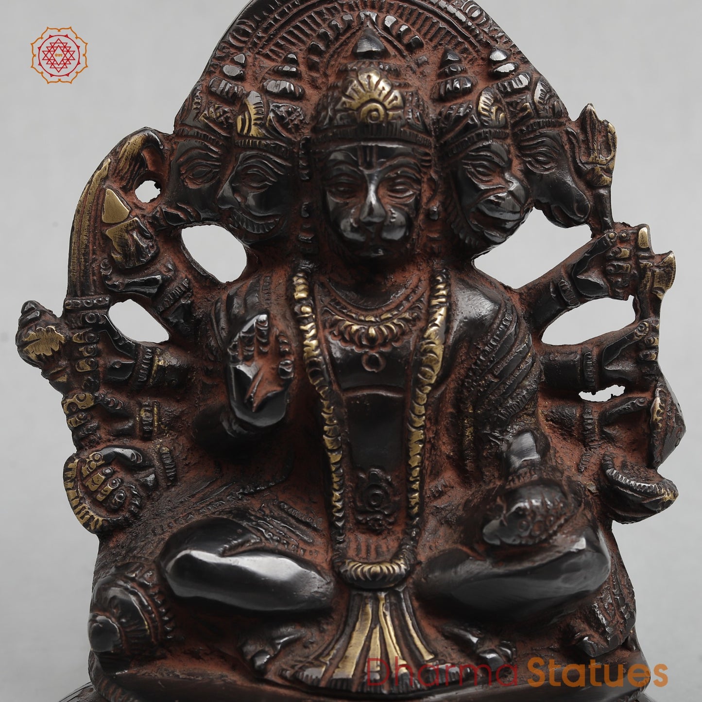 Brass Panchmukhi Hanuman Seated with Frame Fine, Royal Black With Red Hues finish 6”