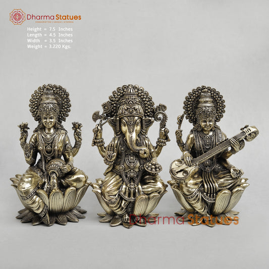 Brass Lakshmi Ganesh Saraswati Seated on Lotus Fine 7.5”