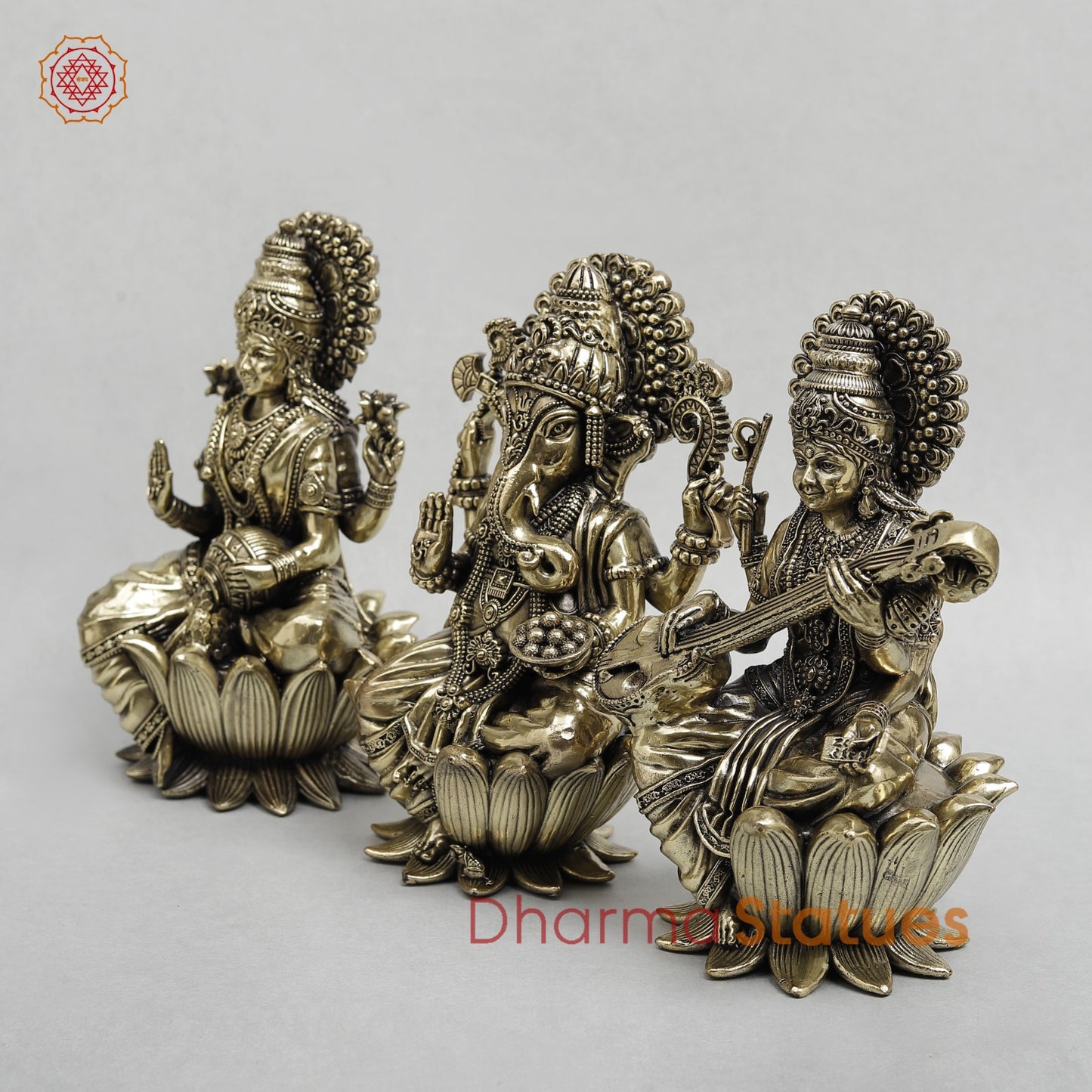 Brass Lakshmi Ganesh Saraswati Seated on Lotus Fine 7.5”
