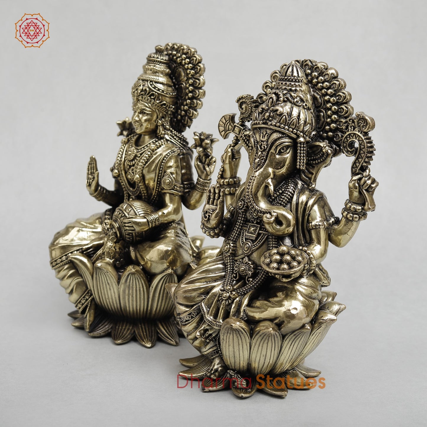 Brass Lakshmi Ganesh Seated on Lotus Fine 7.5”