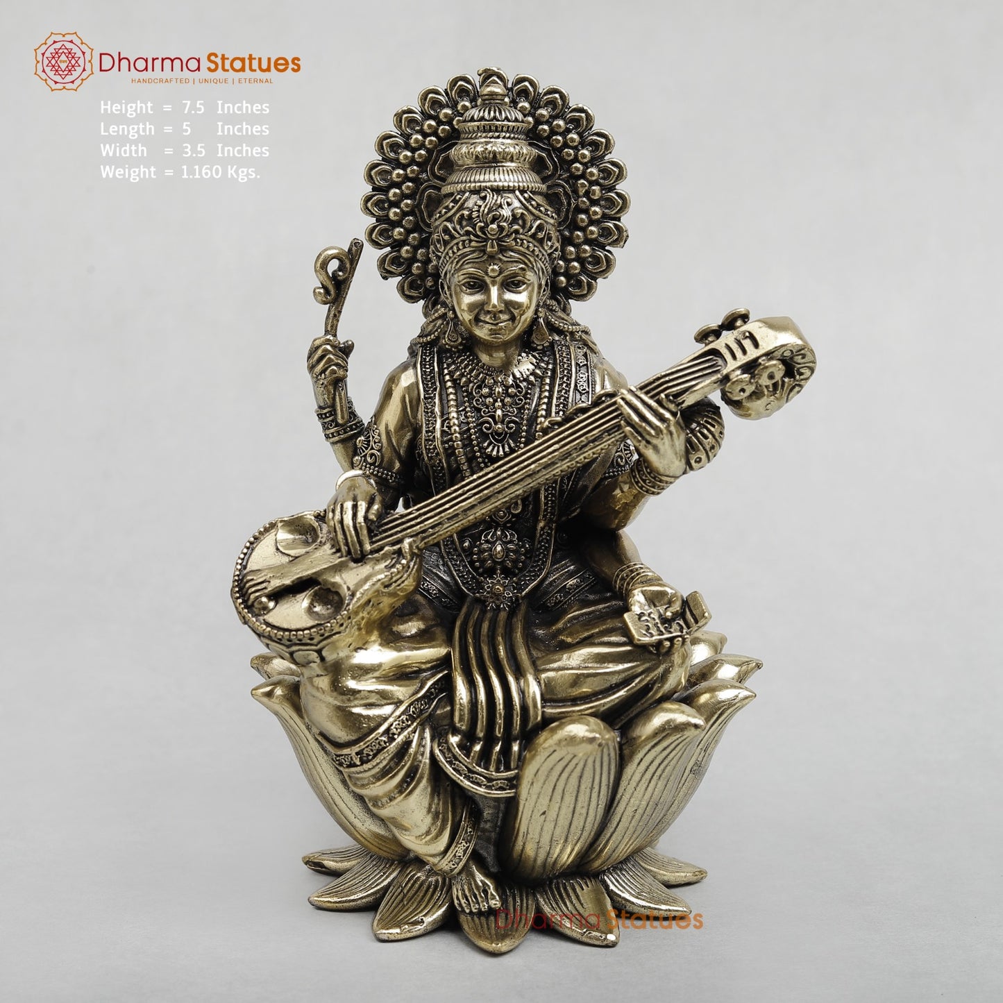 Brass Saraswati Seated on Lotus Fine 7.5”