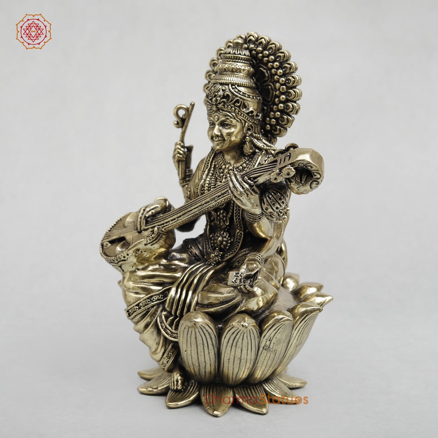Brass Saraswati Seated on Lotus Fine 7.5”