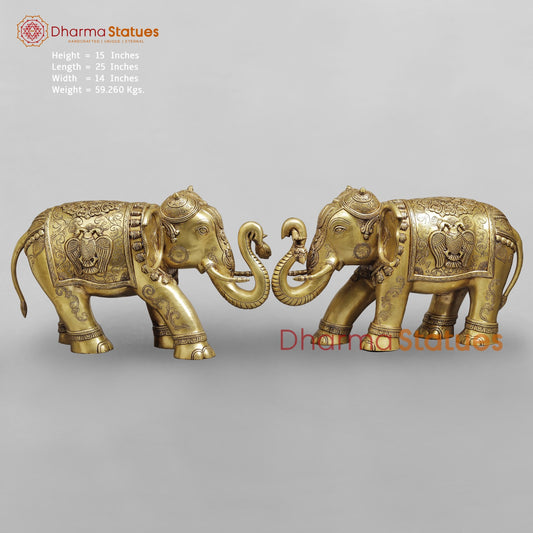 Brass Elephants Holding Lotus (Airavat) With Peacock Carving Fine, Special Gold Finish 25” (Set of 2)