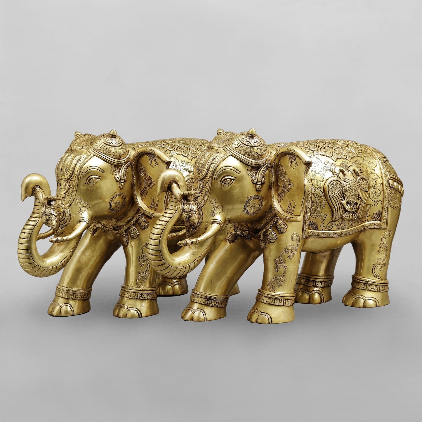 Brass Elephants Holding Lotus With Peacock Carving Fine, Special Gold Finish 25” (Set of 2)