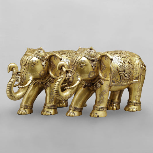 Brass Elephants Holding Lotus (Airavat) With Peacock Carving Fine, Special Gold Finish 25” (Set of 2)