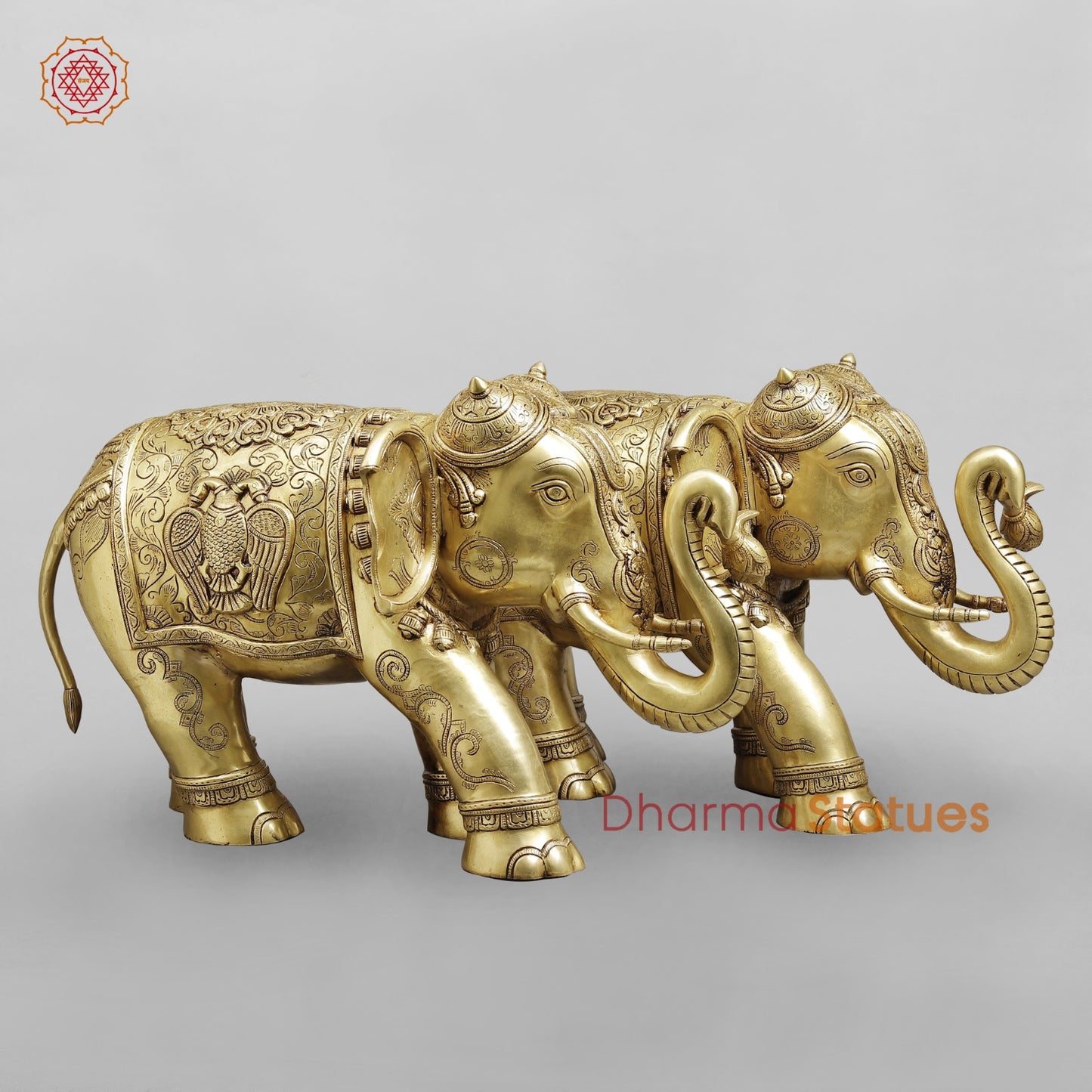 Brass Elephants Holding Lotus With Peacock Carving Fine, Special Gold Finish 25” (Set of 2)