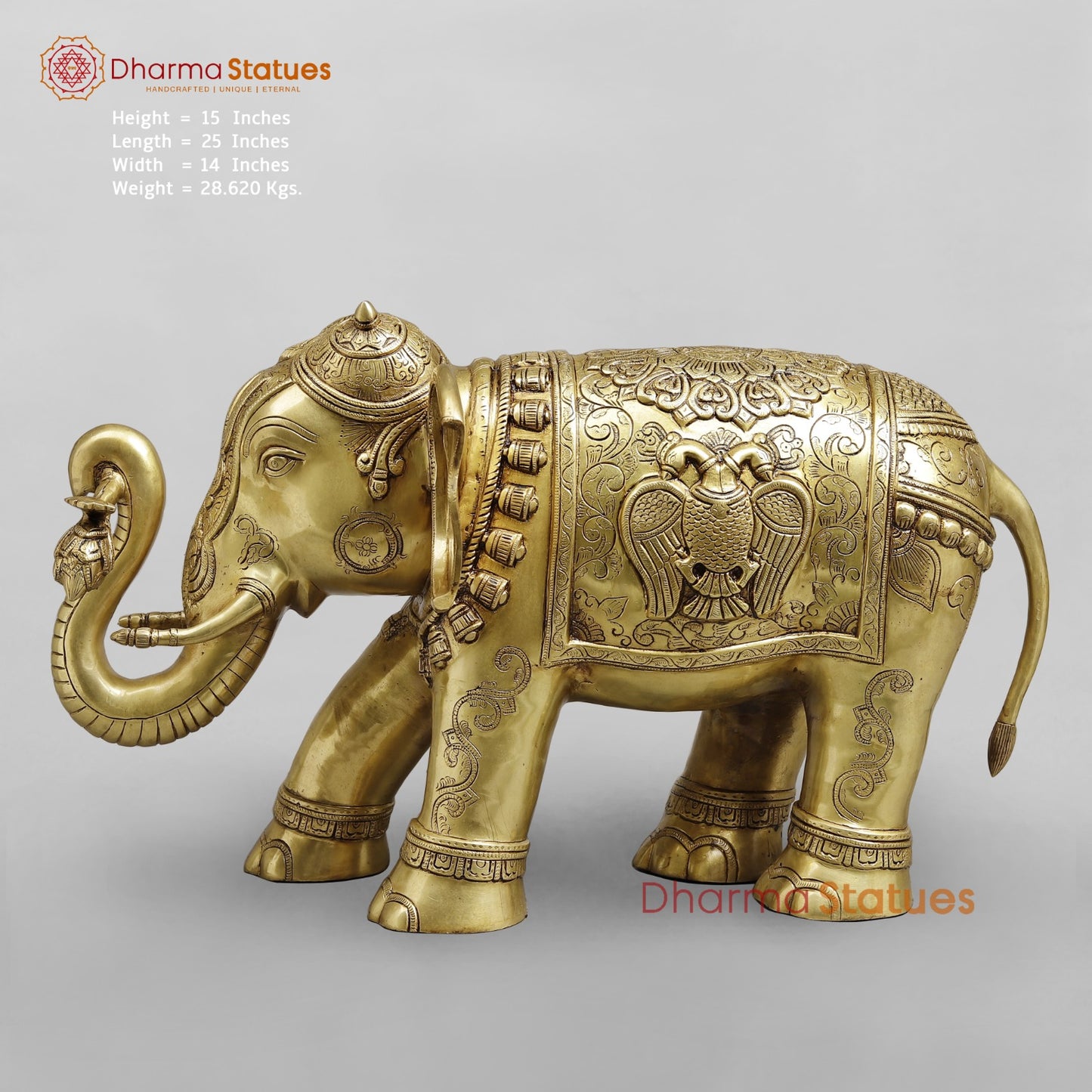 Brass Elephant Holding Lotus In trunk with Peacock Carving Fine, Special Gold Finish 25”