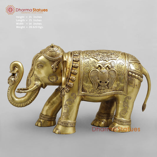Brass Elephant Holding Lotus In trunk (Airavat) with Peacock Carving Fine, Special Gold Finish 25”