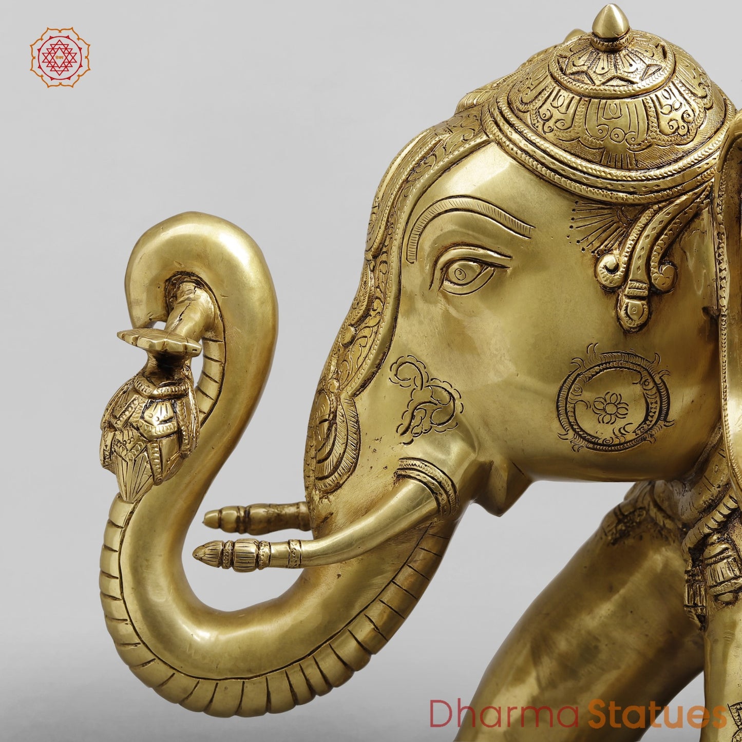 Brass Elephant Holding Lotus In trunk with Peacock Carving Fine, Special Gold Finish 25”