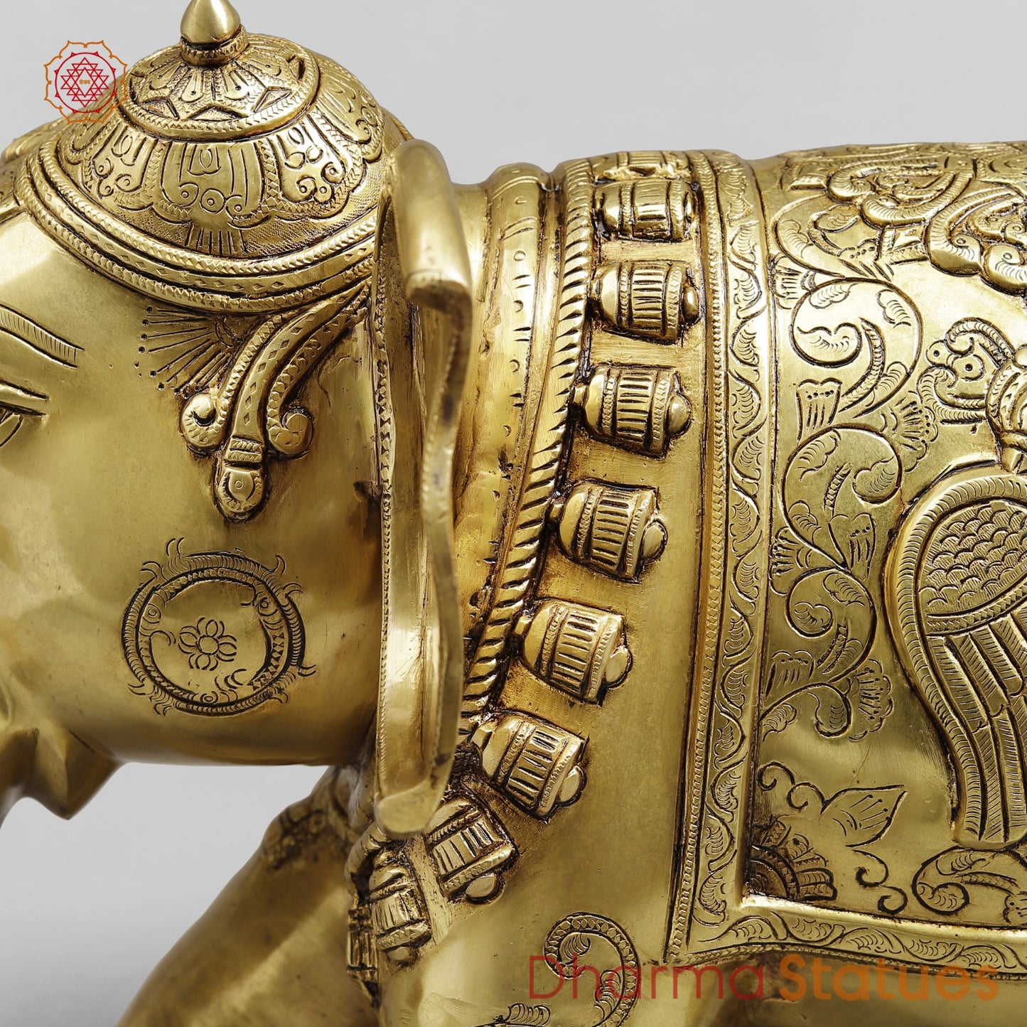 Brass Elephant Holding Lotus In trunk with Peacock Carving Fine, Special Gold Finish 25”