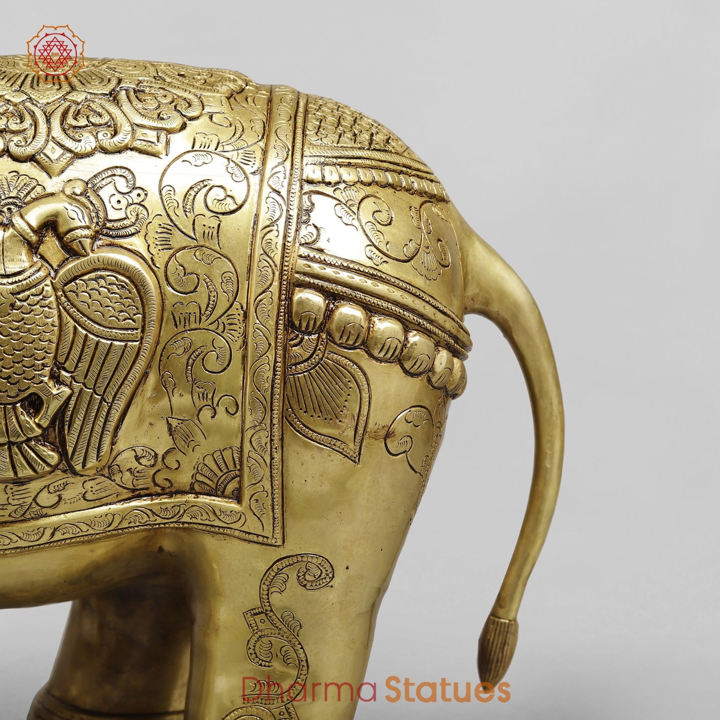 Brass Elephant Holding Lotus In trunk with Peacock Carving Fine, Special Gold Finish 25”