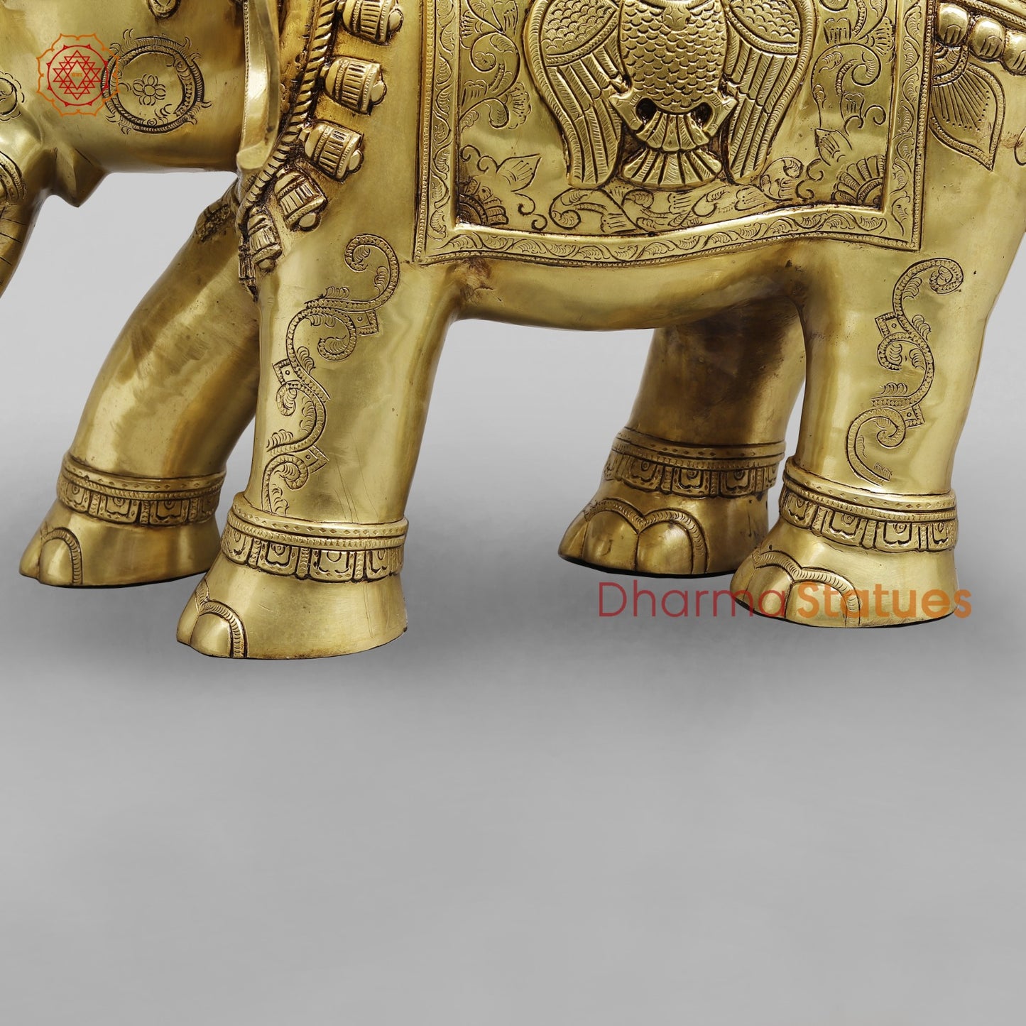 Brass Elephant Holding Lotus In trunk with Peacock Carving Fine, Special Gold Finish 25”