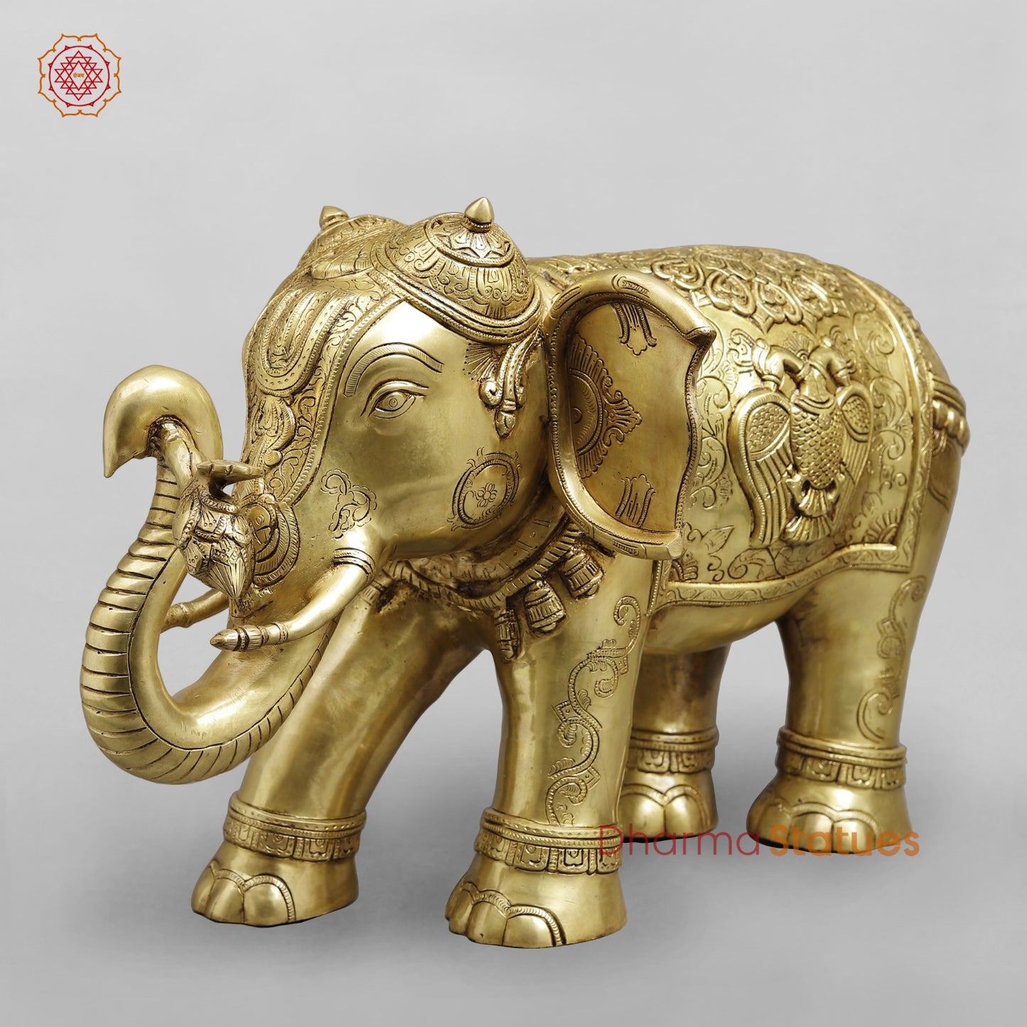Brass Elephant Holding Lotus In trunk with Peacock Carving Fine, Special Gold Finish 25”