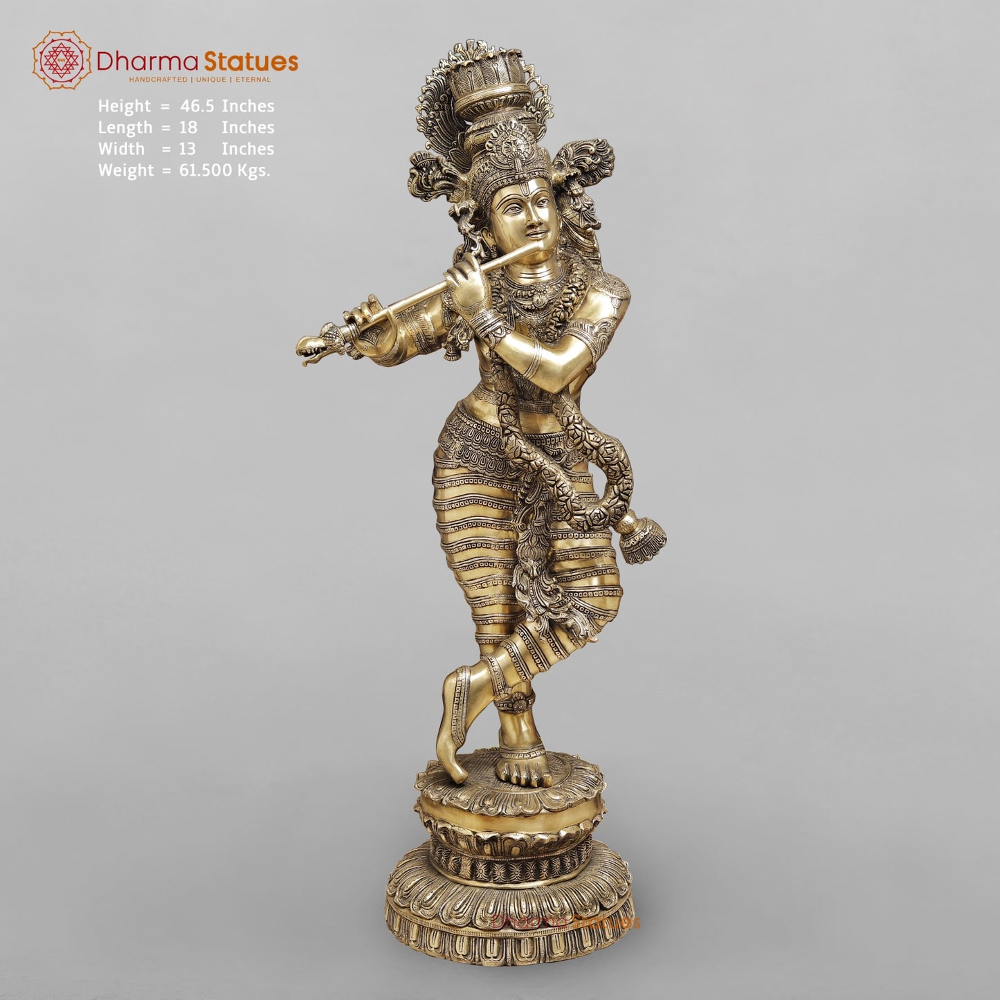 Brass Krishna with Fine Carving, Smooth finish 46.5”