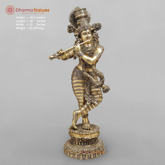 Brass Krishna with Fine Carving, Smooth finish 46.5”