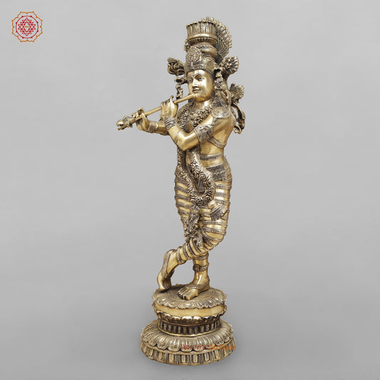 Brass Krishna with Fine Carving, Smooth finish 46.5”