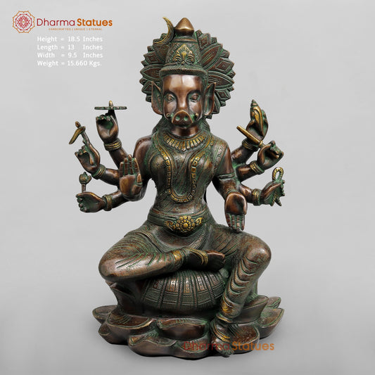 Brass Varahi Seated on Lotus Fine, Copper Green Finish 18.5”