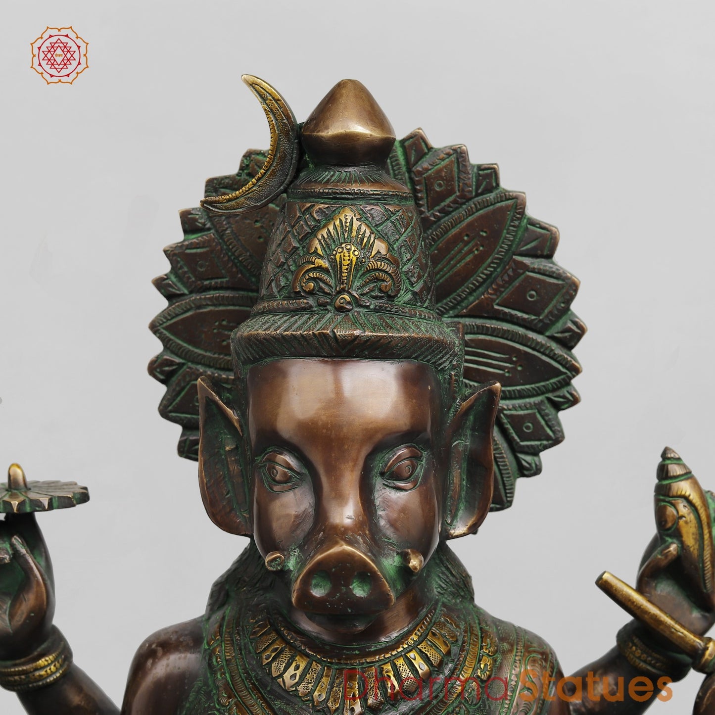 Brass Varahi Seated on Lotus Fine, Copper Green Finish 18.5”