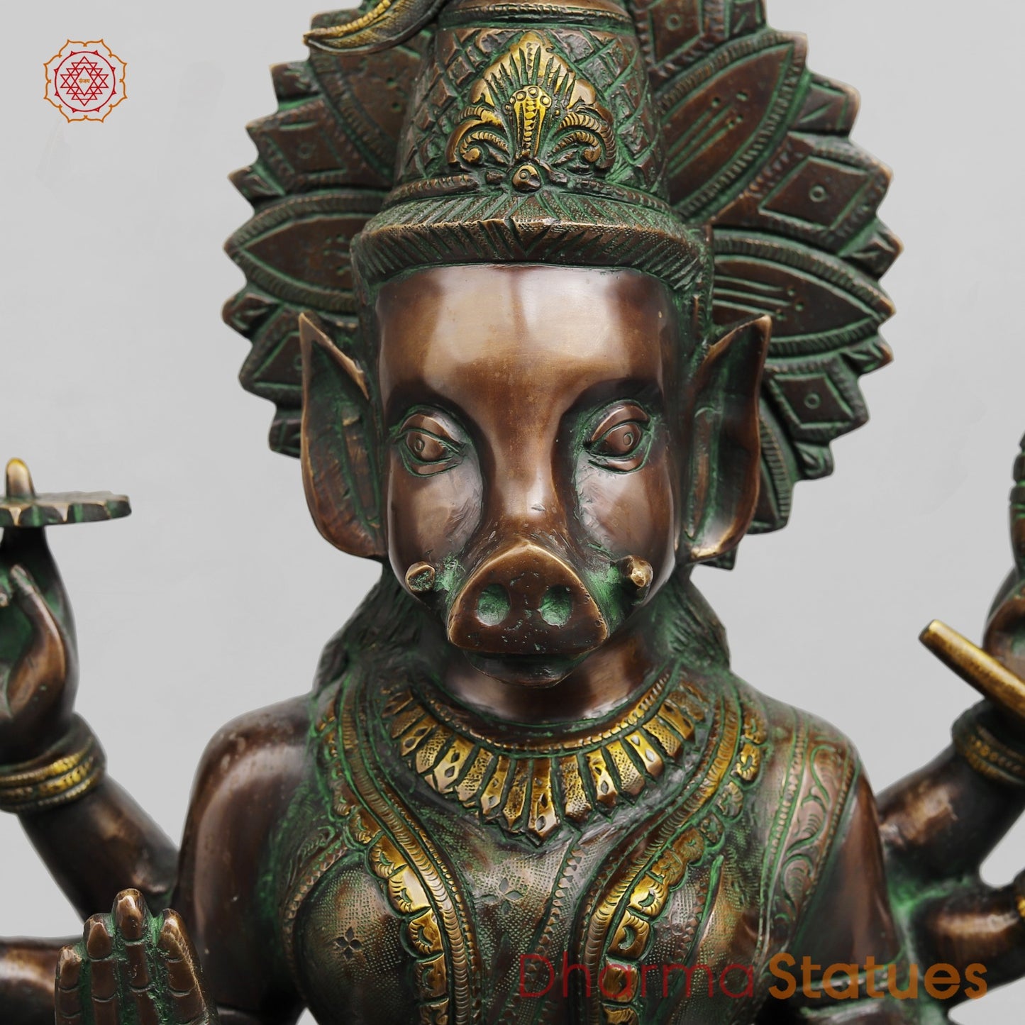 Brass Varahi Seated on Lotus Fine, Copper Green Finish 18.5”