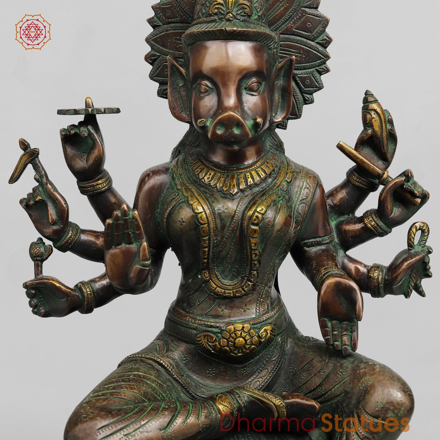 Brass Varahi Seated on Lotus Fine, Copper Green Finish 18.5”