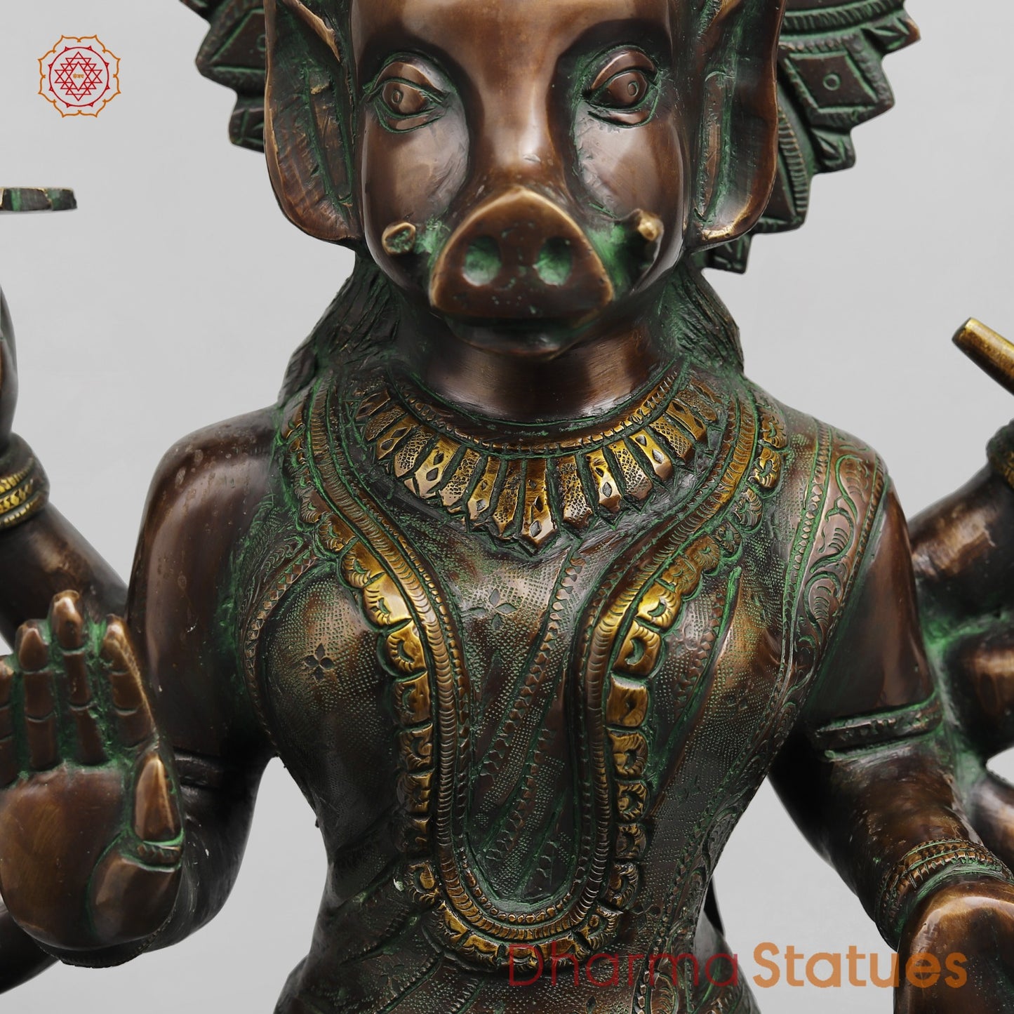 Brass Varahi Seated on Lotus Fine, Copper Green Finish 18.5”