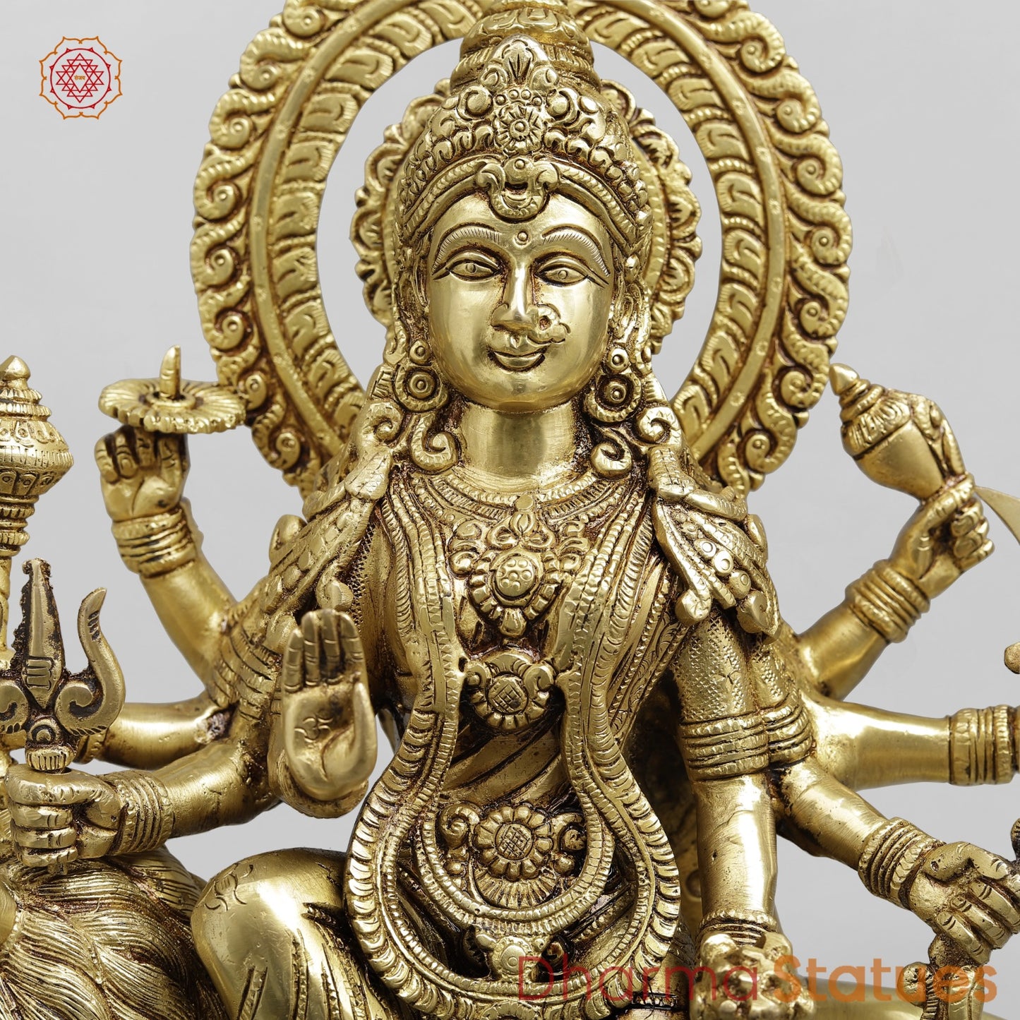 Brass Durga Seated on lion Fine, Special Gold Finish 17”