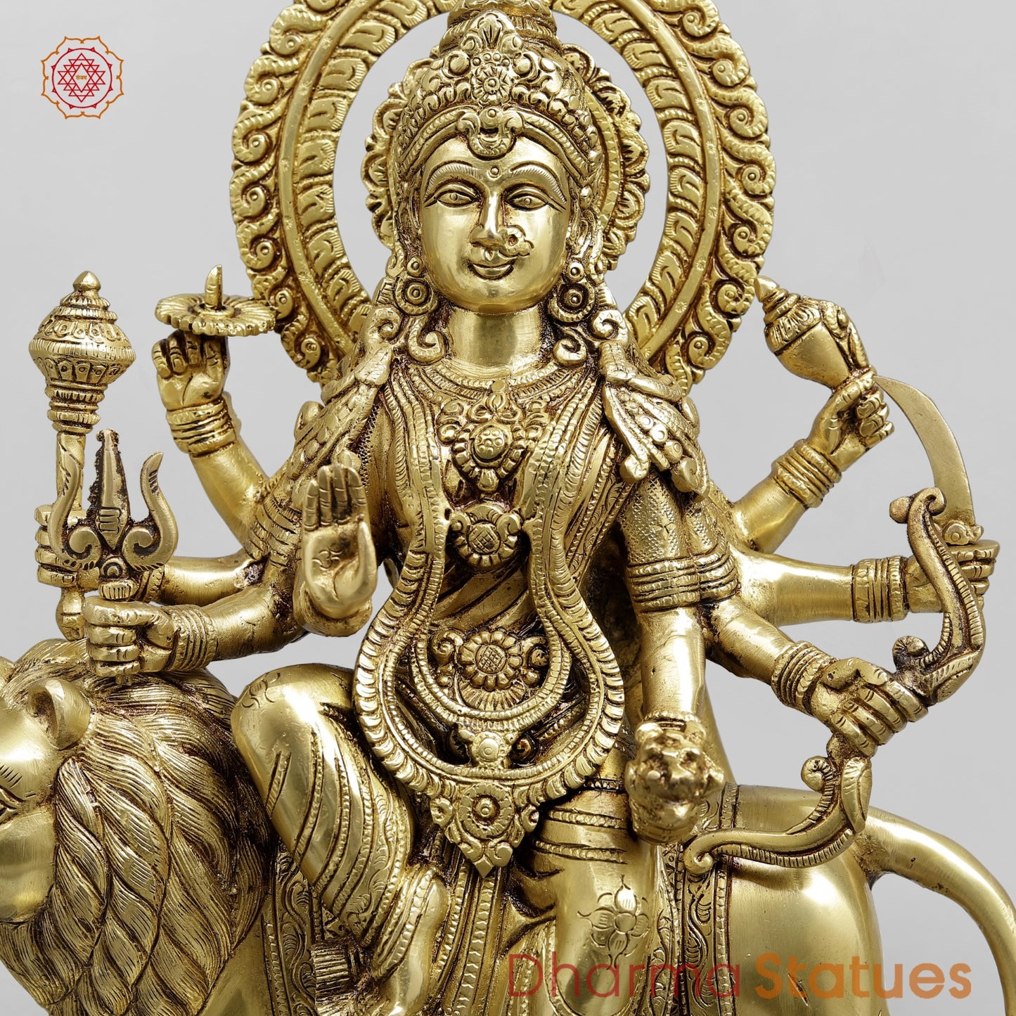 Brass Durga Seated on lion Fine, Special Gold Finish 17”