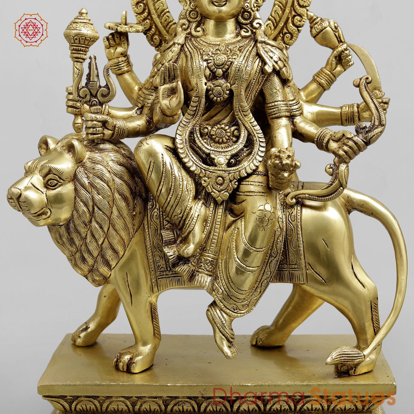 Brass Durga Seated on lion Fine, Special Gold Finish 17”