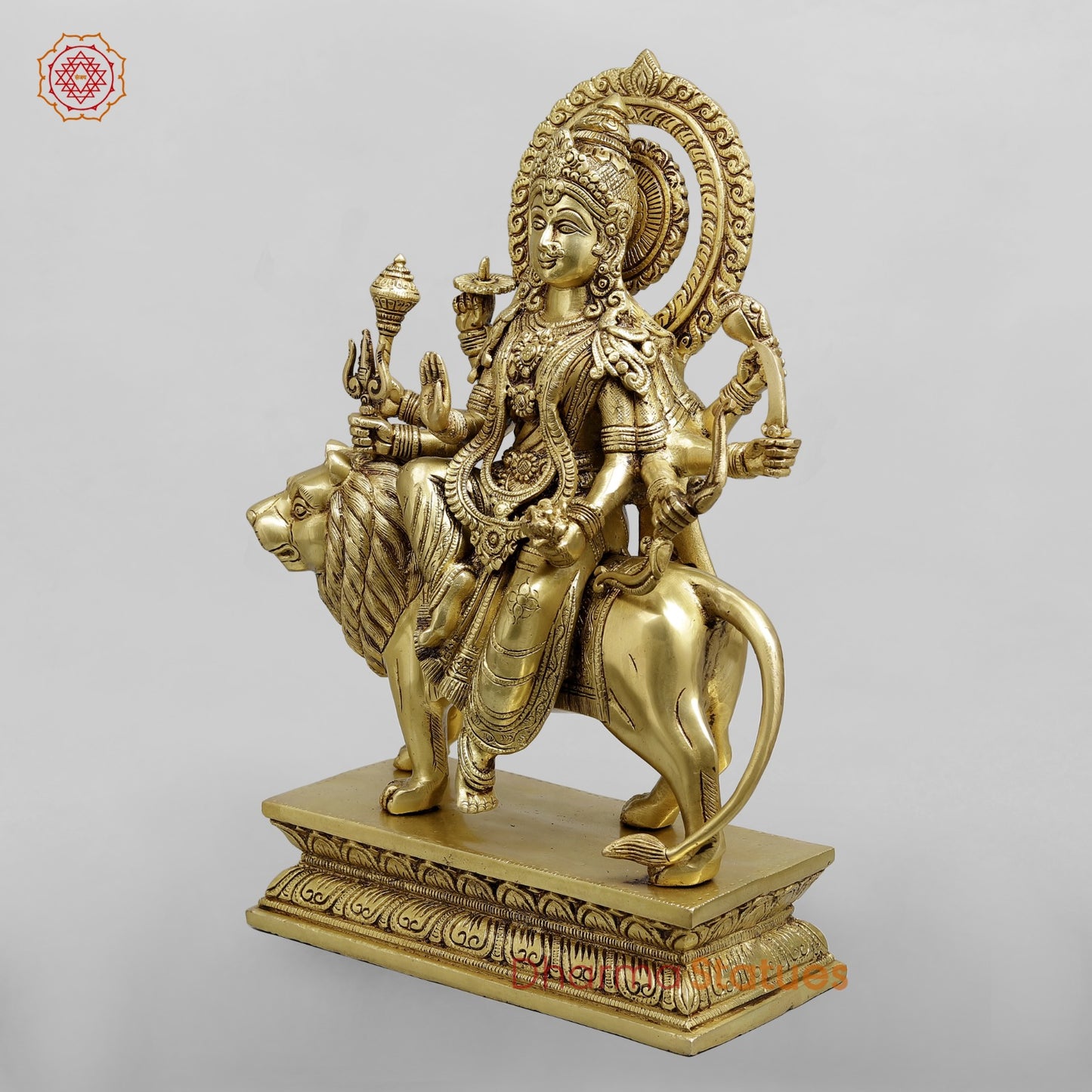 Brass Durga Seated on lion Fine, Special Gold Finish 17”