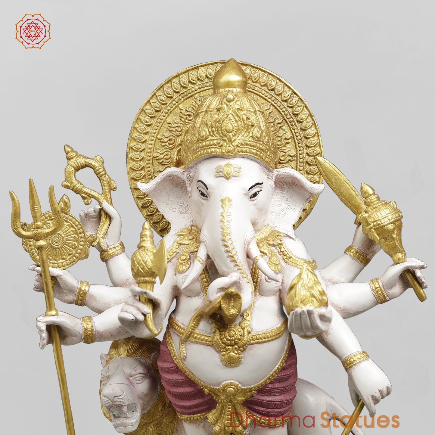Brass Raksha Ganesh Standing With Trishul Fine, Ivory Finish with Red Shading 24”