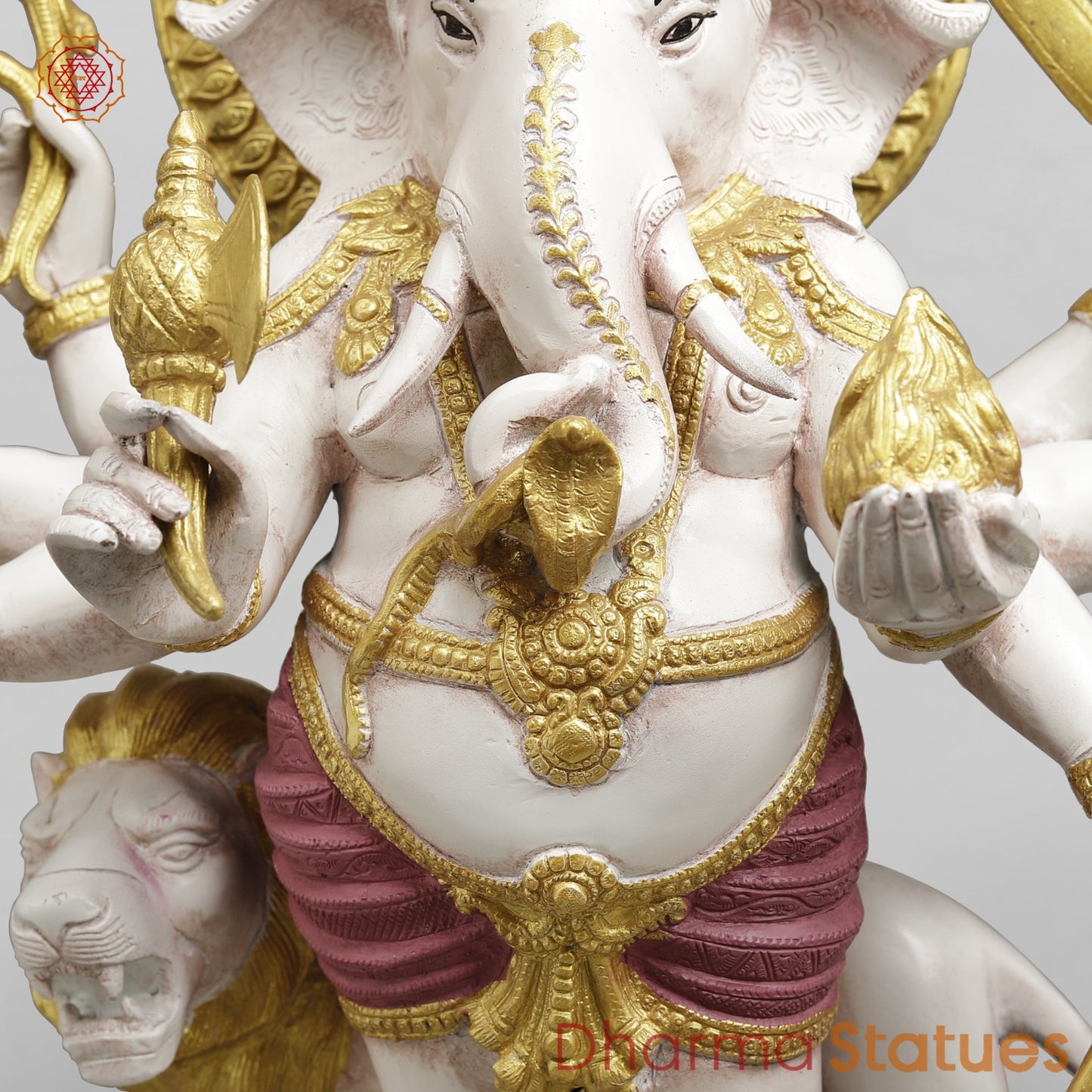 Brass Raksha Ganesh Standing With Trishul Fine, Ivory Finish with Red Shading 24”