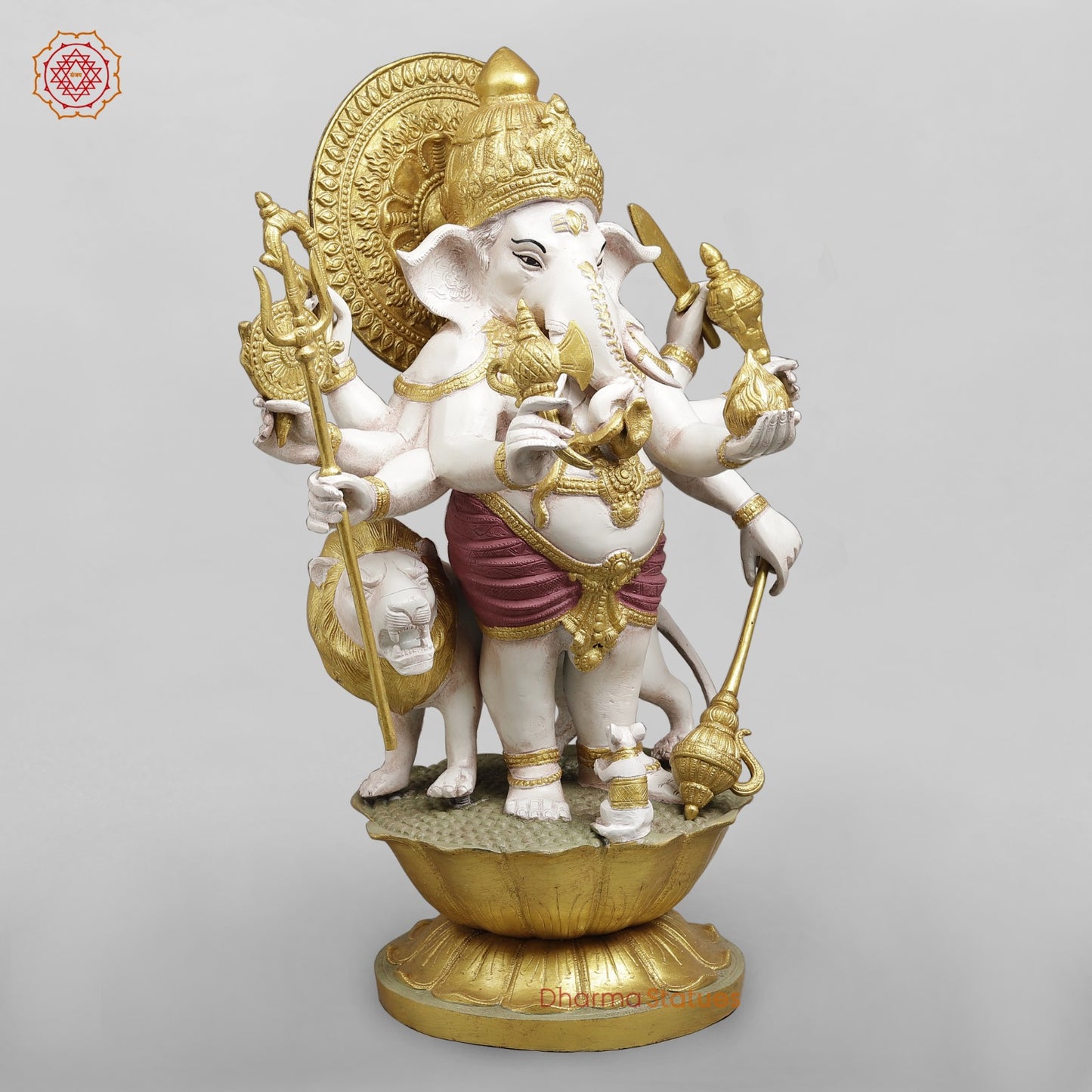 Brass Raksha Ganesh Standing With Trishul Fine, Ivory Finish with Red Shading 24”