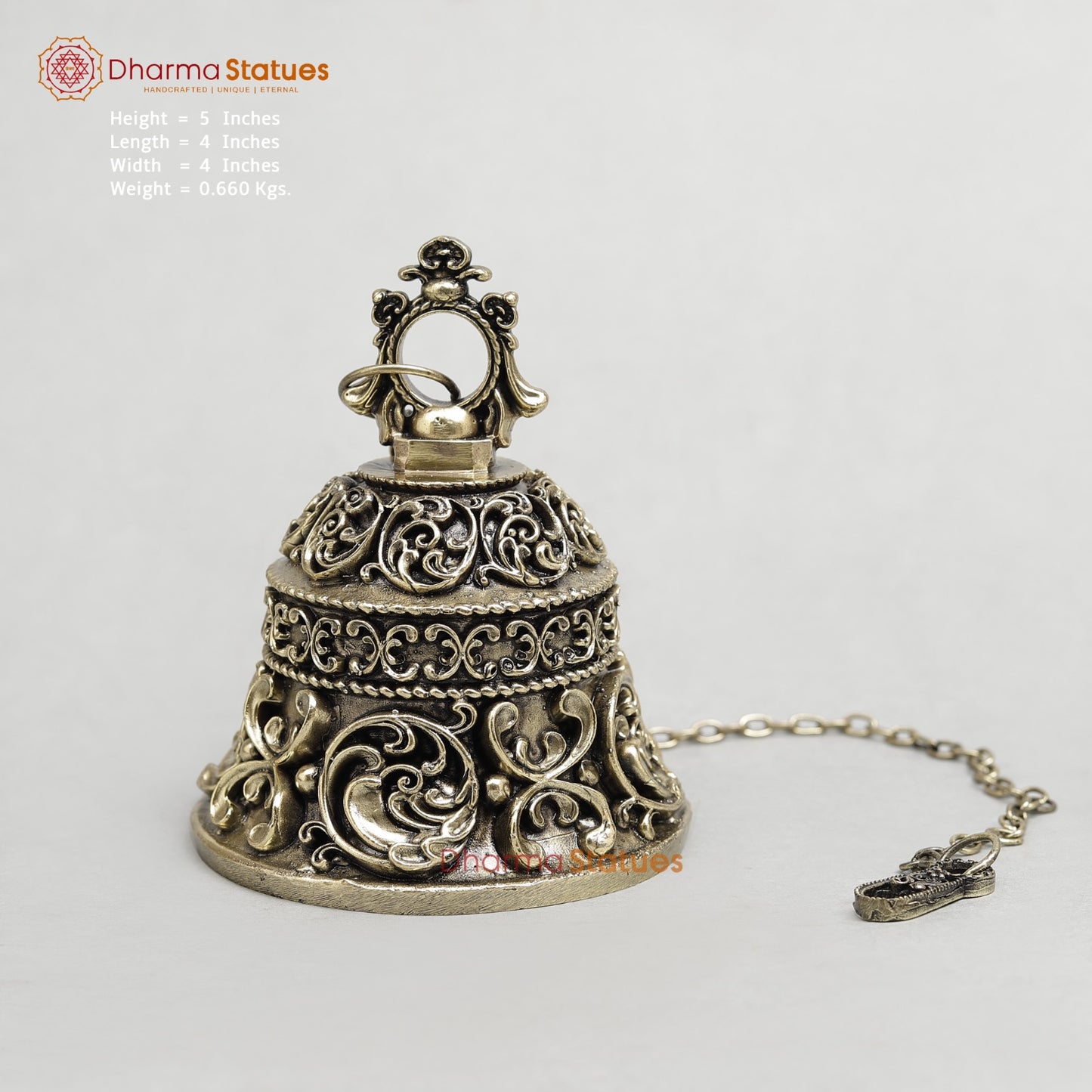 Brass Bell Hanging Carving Fine 5”