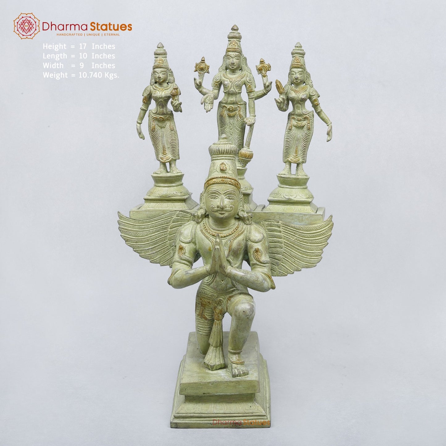 Brass Garuda vaahan Seated with Vishnu, Sridevi & Bhudevi Fine,Green Patina 17”