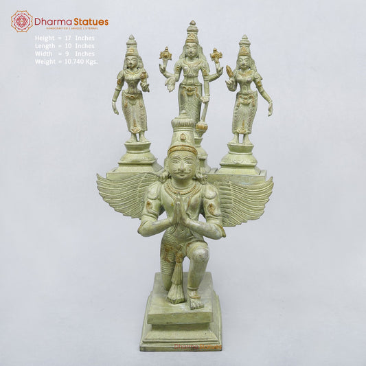 Brass Garuda vaahan Seated with Vishnu, Sridevi & Bhudevi Fine,Green Patina 17”