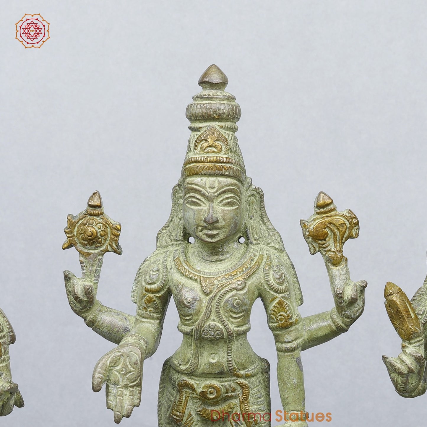 Brass Garuda vaahan Seated with Vishnu, Sridevi & Bhudevi Fine,Green Patina 17”