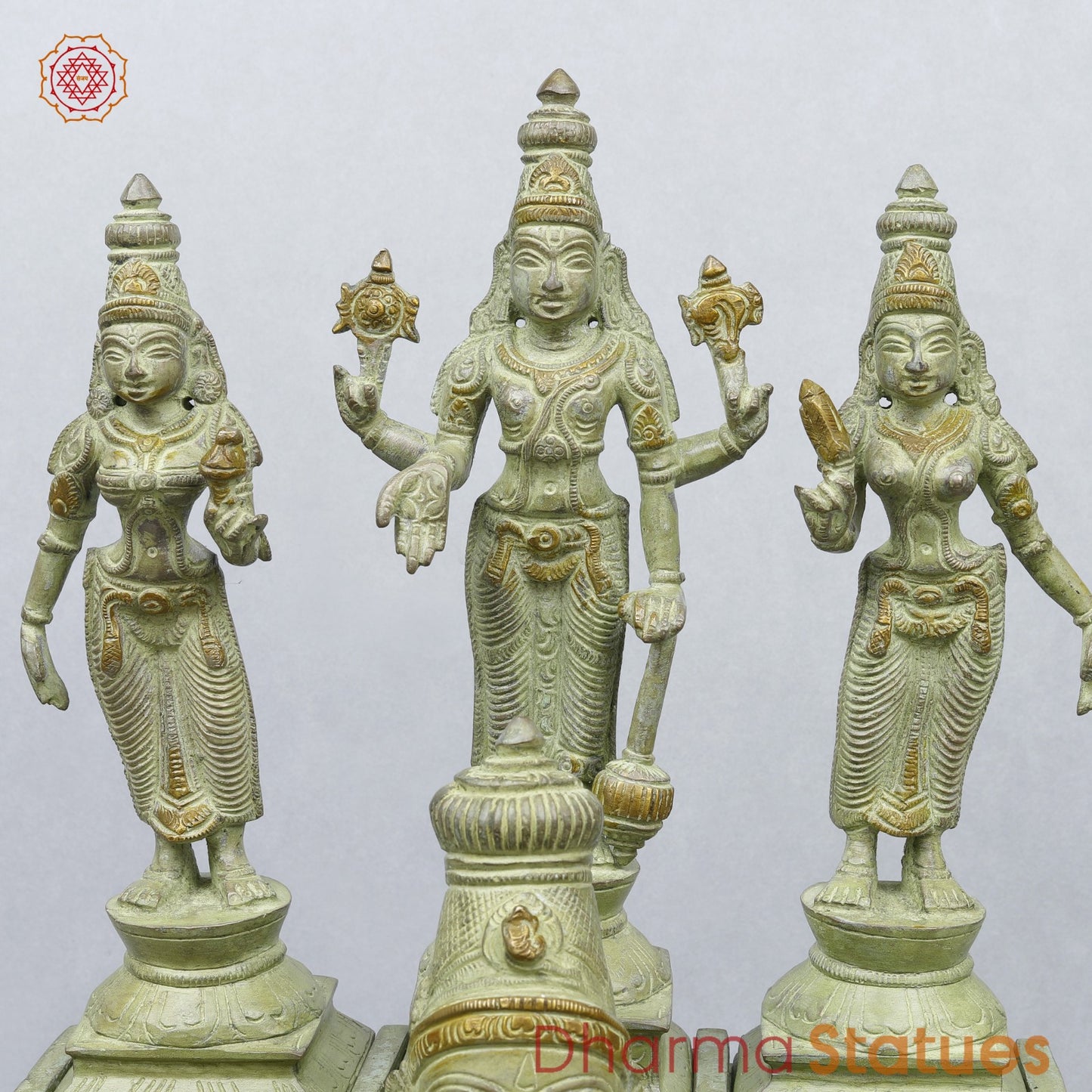 Brass Garuda vaahan Seated with Vishnu, Sridevi & Bhudevi Fine,Green Patina 17”
