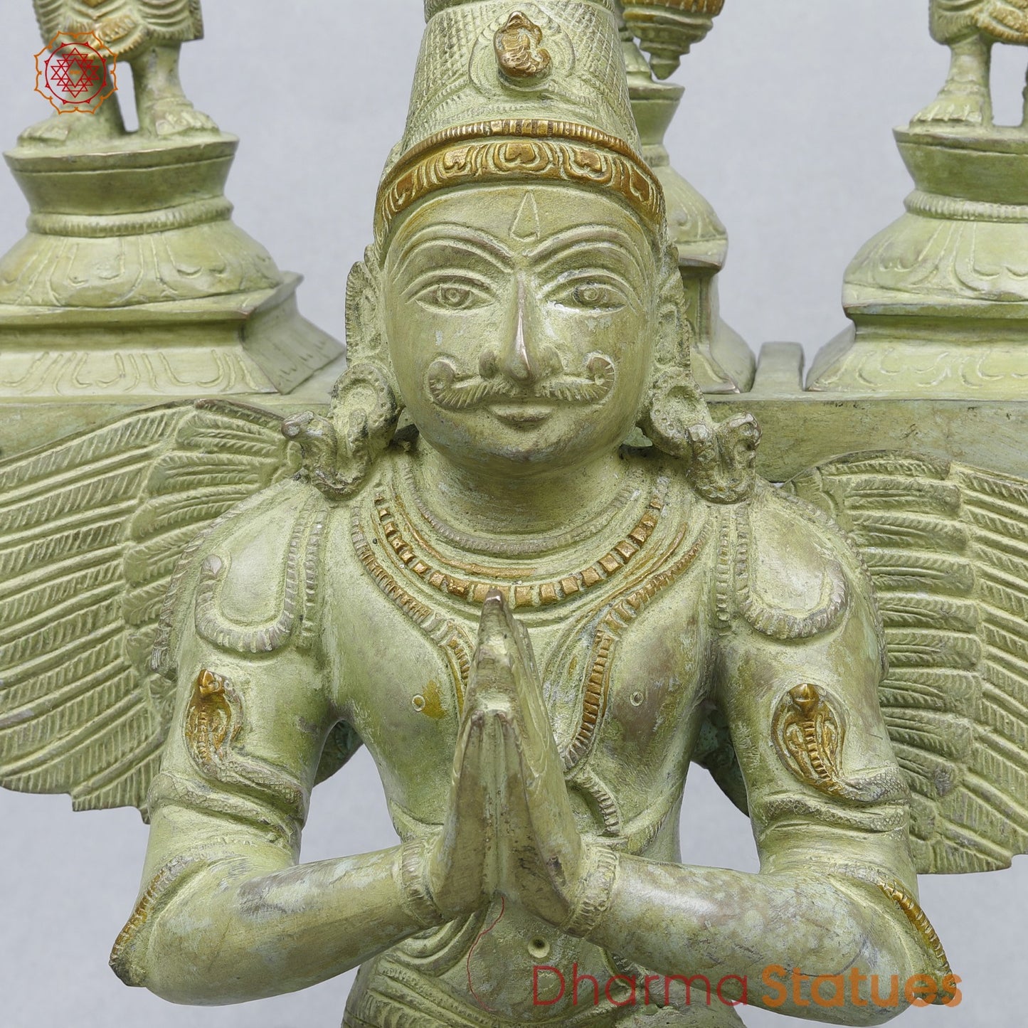 Brass Garuda vaahan Seated with Vishnu, Sridevi & Bhudevi Fine,Green Patina 17”