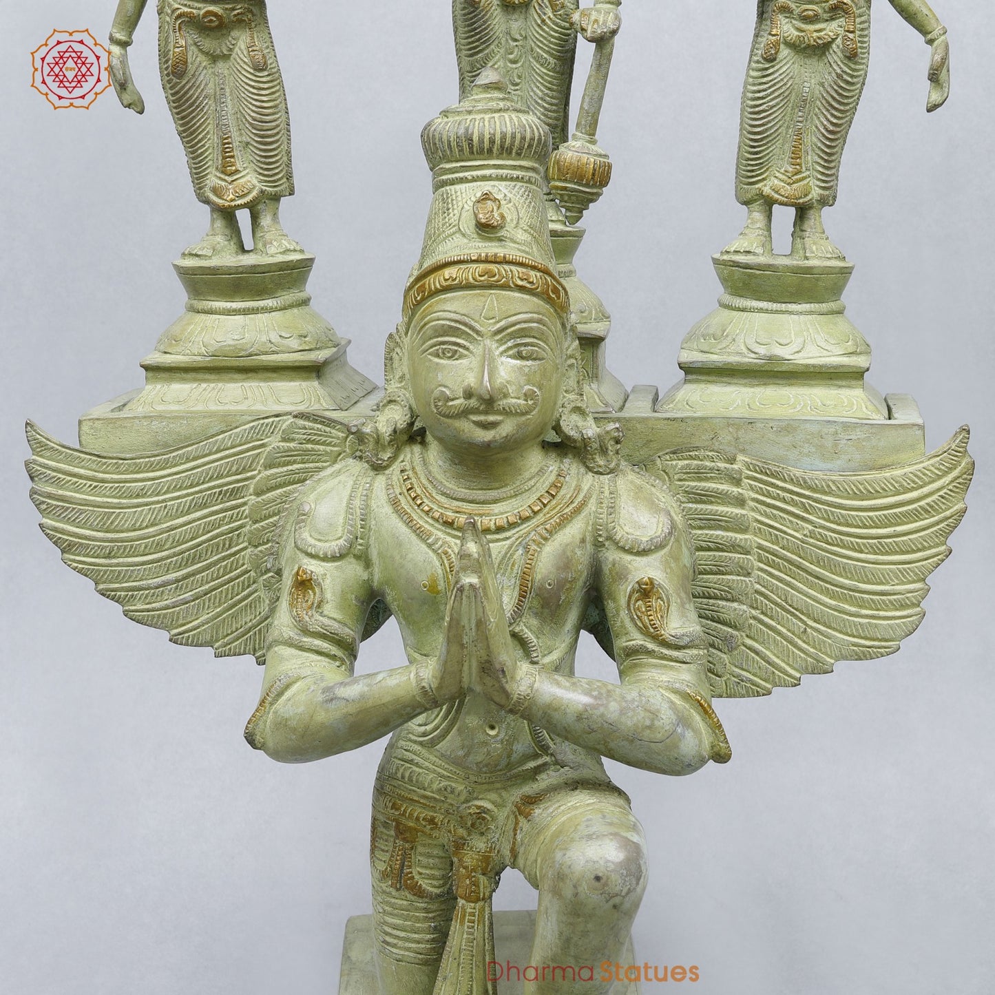 Brass Garuda vaahan Seated with Vishnu, Sridevi & Bhudevi Fine,Green Patina 17”