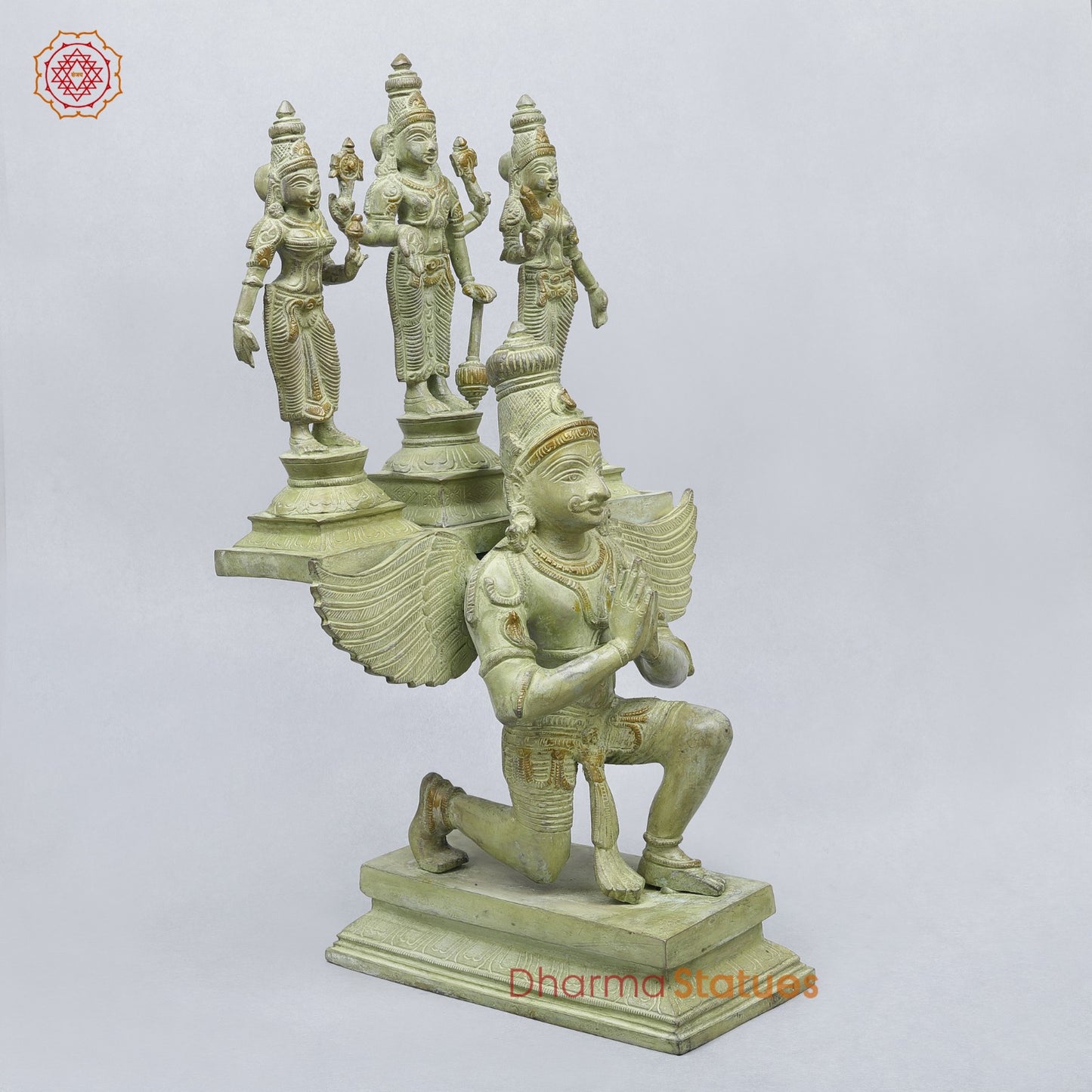 Brass Garuda vaahan Seated with Vishnu, Sridevi & Bhudevi Fine,Green Patina 17”