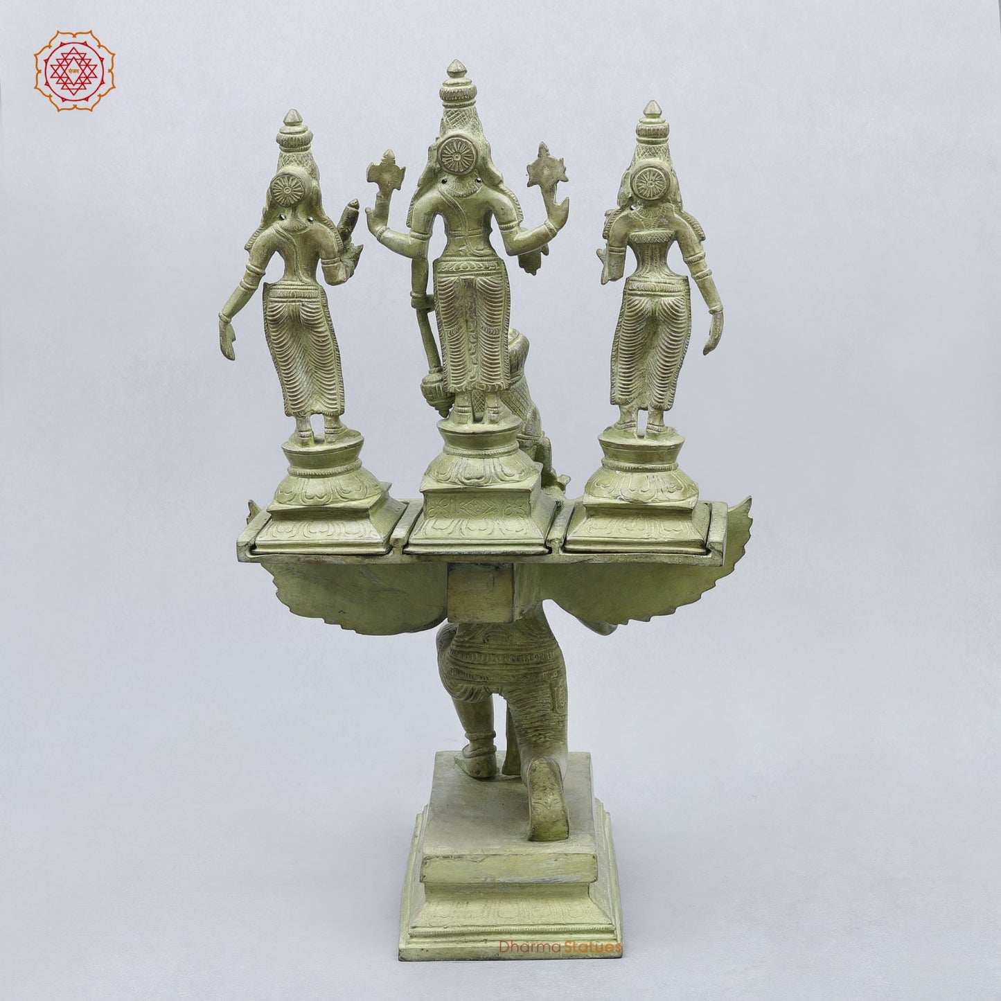 Brass Garuda vaahan Seated with Vishnu, Sridevi & Bhudevi Fine,Green Patina 17”