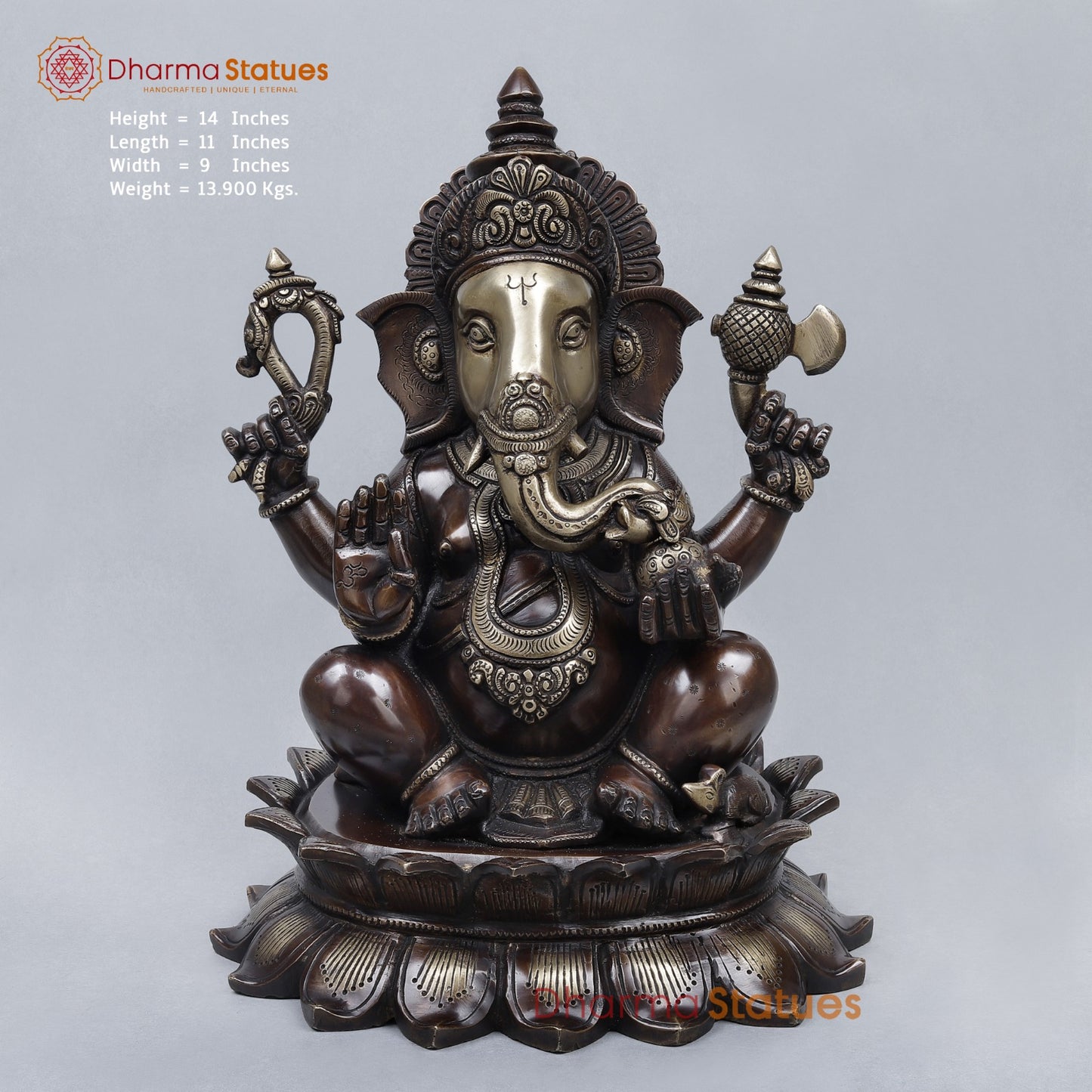 Brass Ganesh Seated On Blooming Lotus Fine, Copper and Smooth Finish 14”