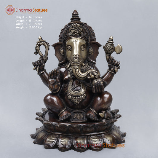 Brass Ganesh Seated On Blooming Lotus Fine, Copper and Smooth Finish 14”