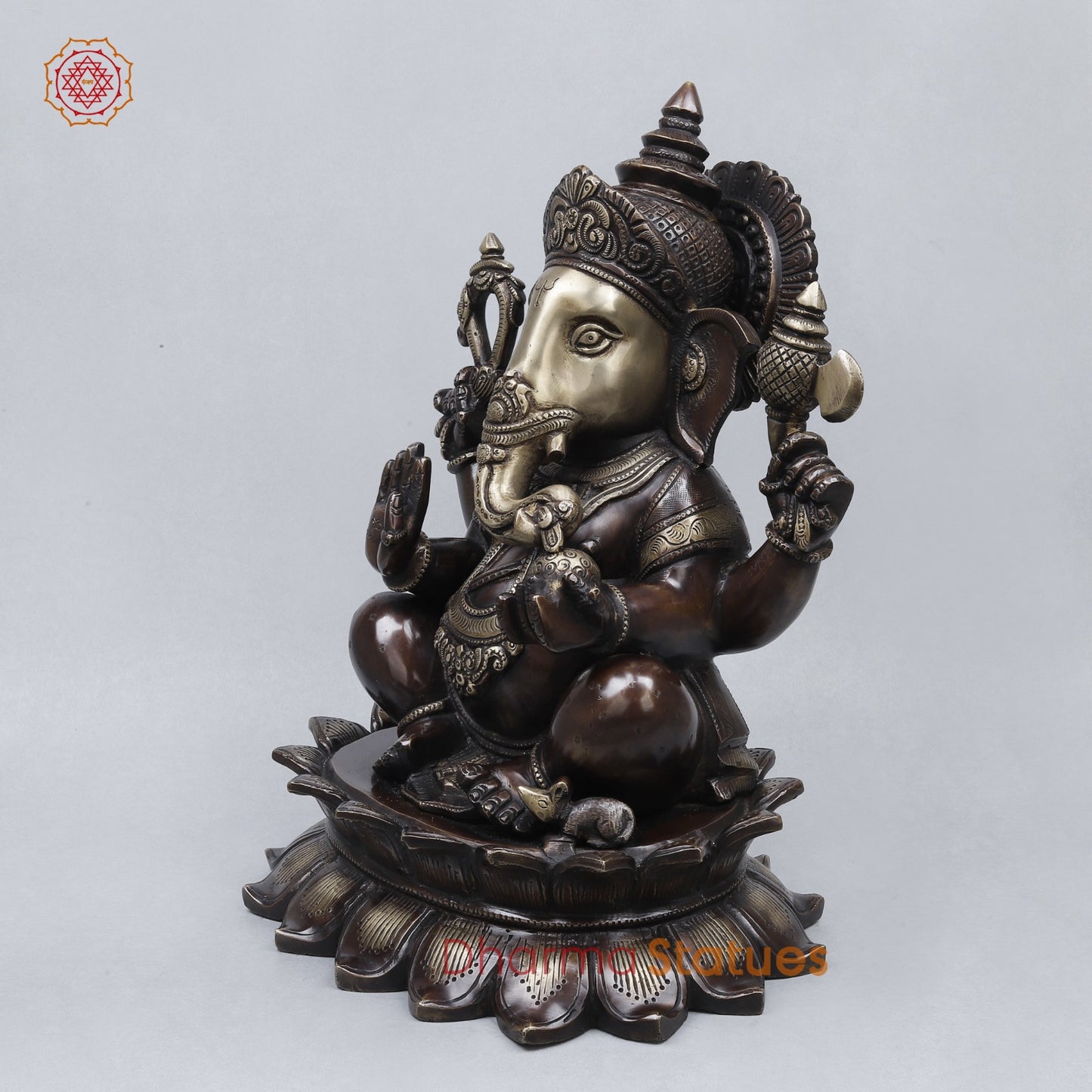 Brass Ganesh Seated On Blooming Lotus Fine, Copper and Smooth Finish 14”