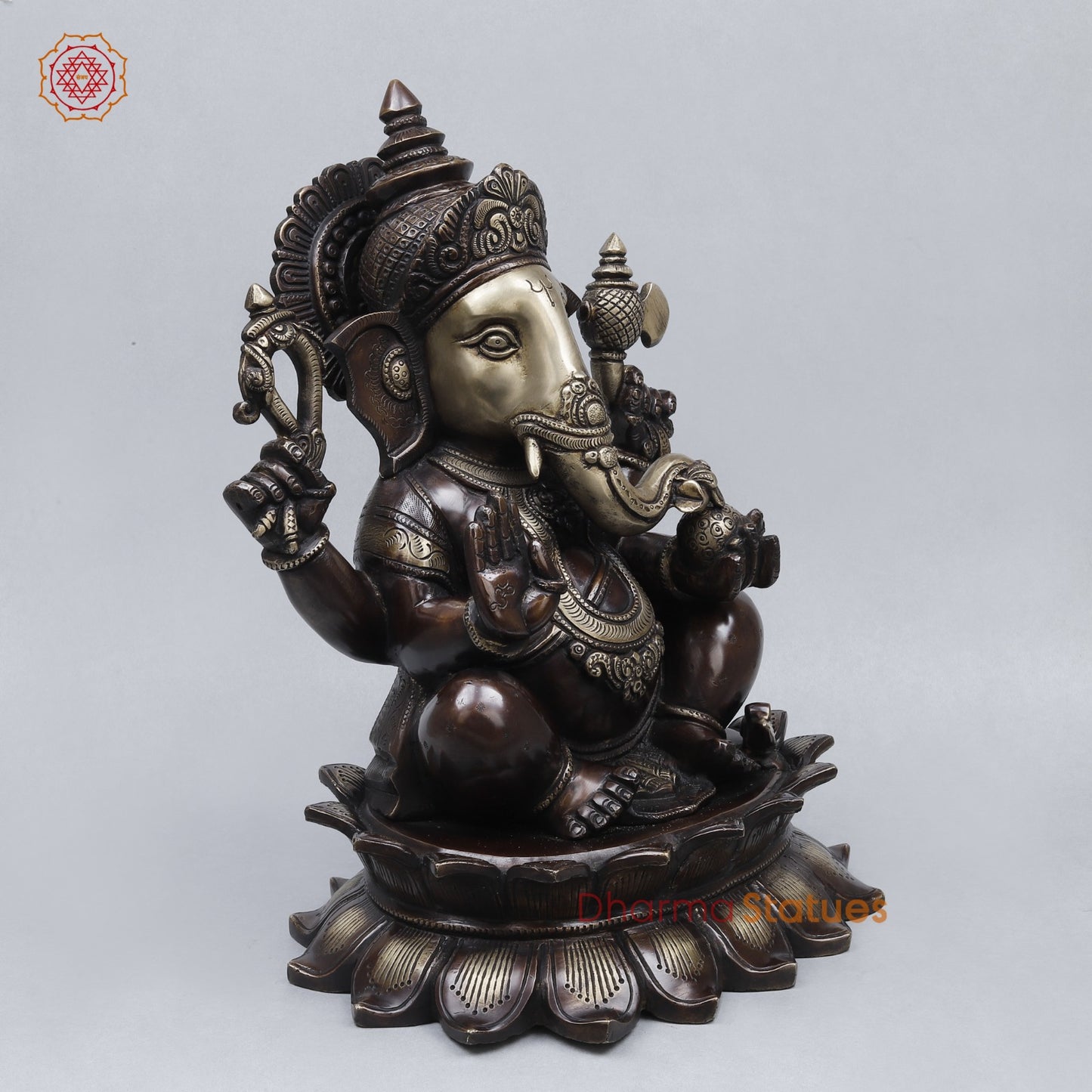 Brass Ganesh Seated On Blooming Lotus Fine, Copper and Smooth Finish 14”