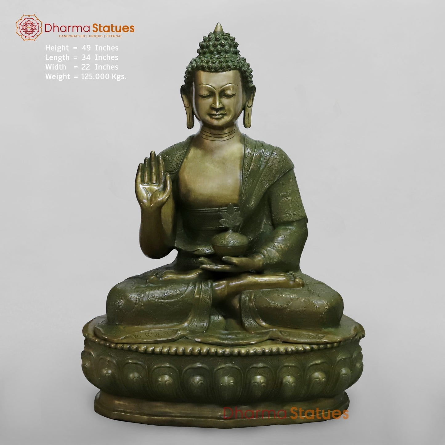 Brass Buddha Seated With fine Carving, Antique Patina 49”